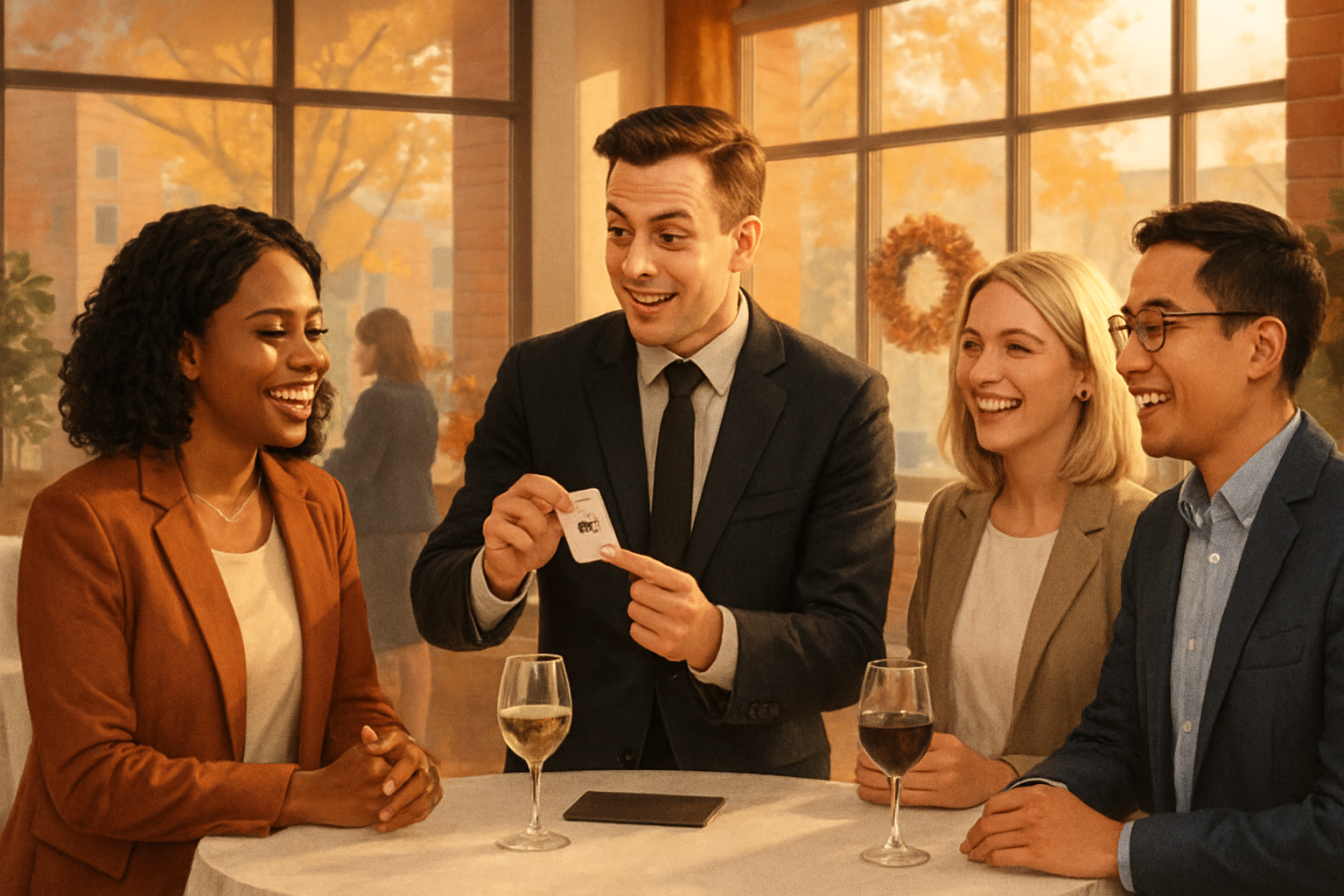 A professional corporate magician performing close-up magic for a diverse group of smiling employees at a modern September company event, with warm autumn light coming through large windows, business-casual attire, cocktail tables, and subtle fall décor in the background