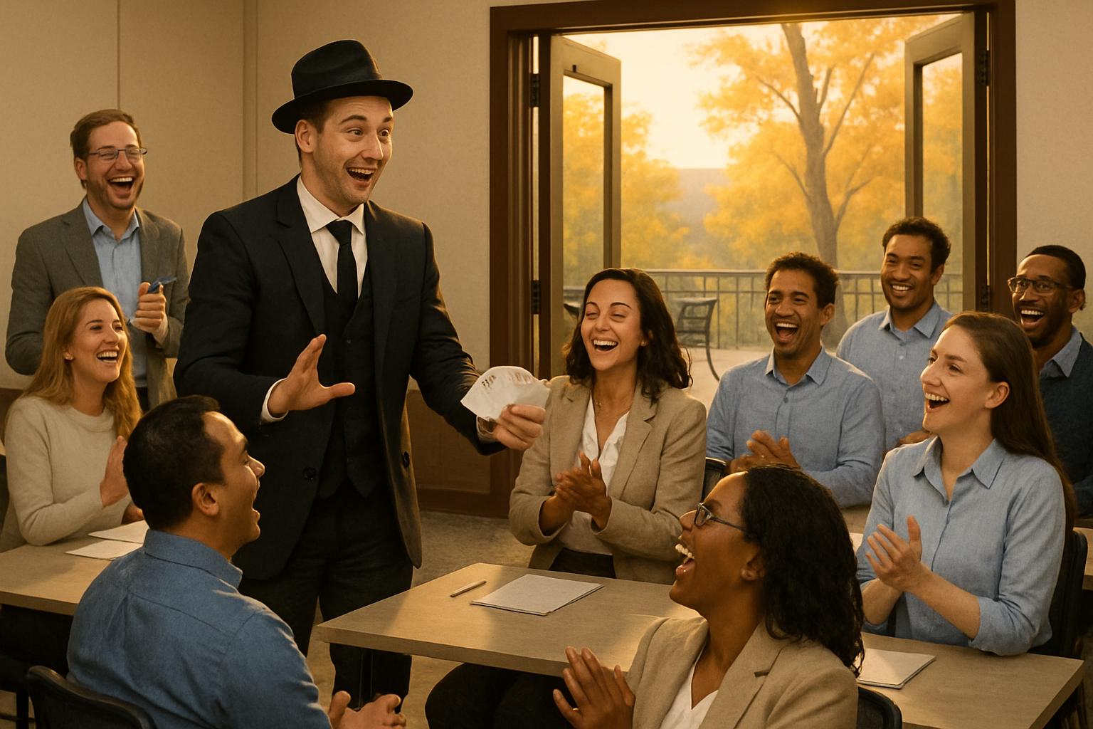 A corporate team-building event in early September with employees gathered around a magician during an interactive performance, people laughing and participating, conference room doors open to an outdoor patio with mild fall weather and golden evening light