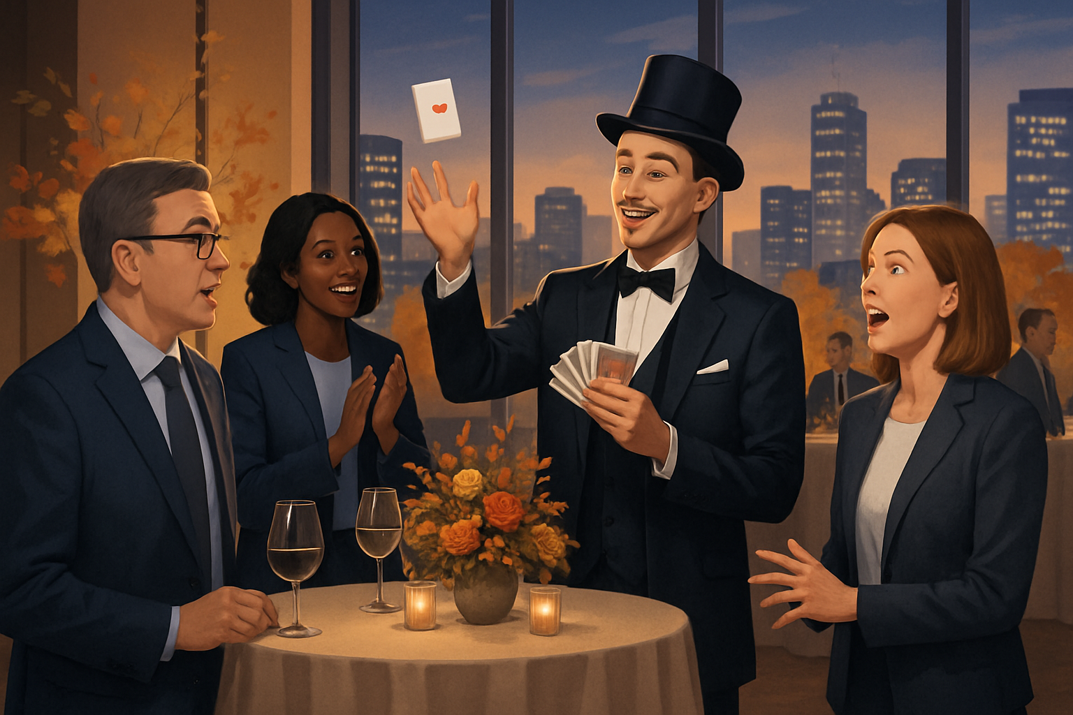 A polished corporate evening reception in September with a magician entertaining executives and employees near elegant high-top tables, city skyline visible through windows, subtle autumn floral arrangements, warm professional lighting, and guests reacting with amazement