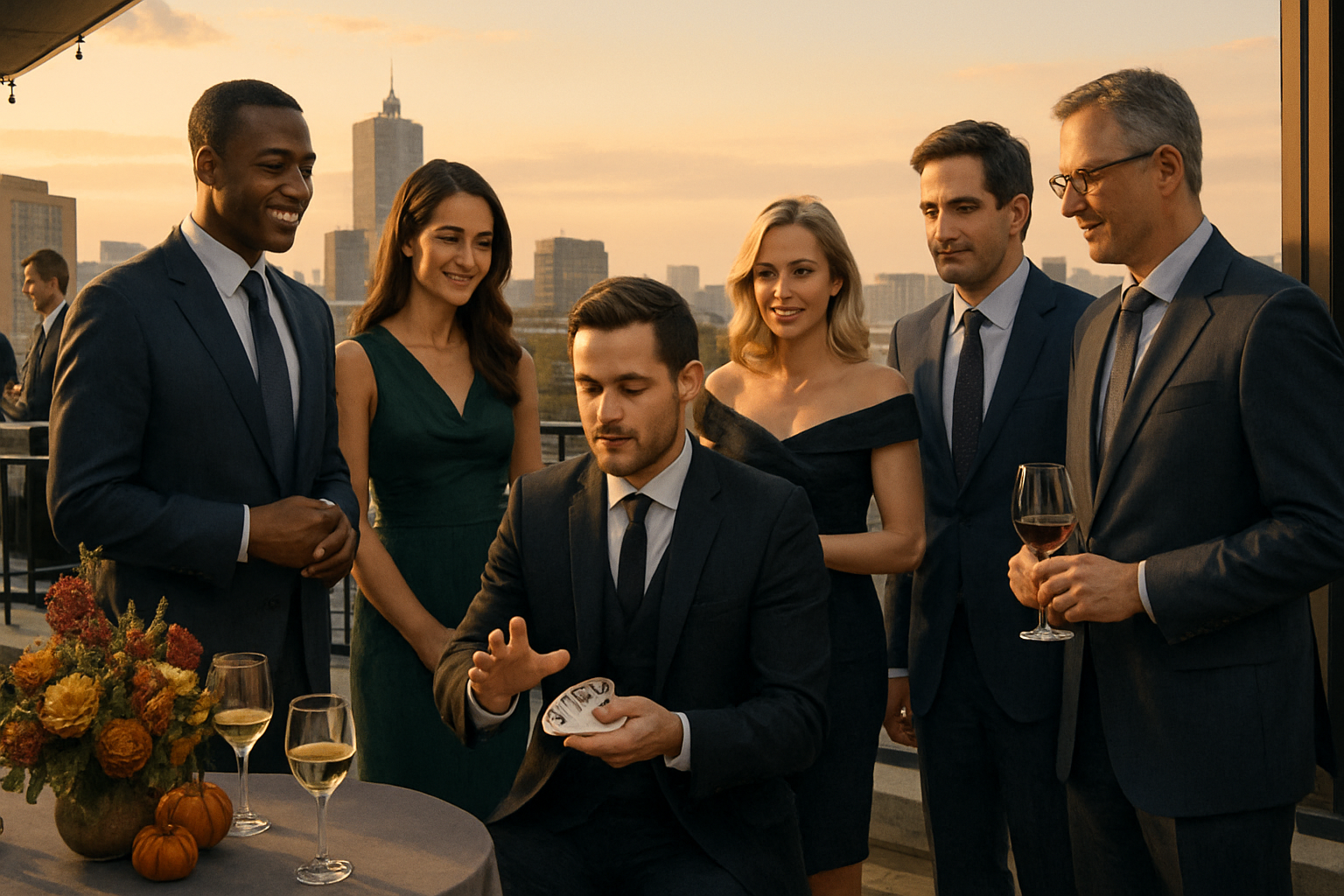 A sophisticated September corporate reception on a rooftop terrace at golden hour, business professionals in suits and cocktail attire gathered around a close-up magician performing card magic, soft autumn lighting, city skyline in the background, elegant cocktail tables with seasonal floral arrangements