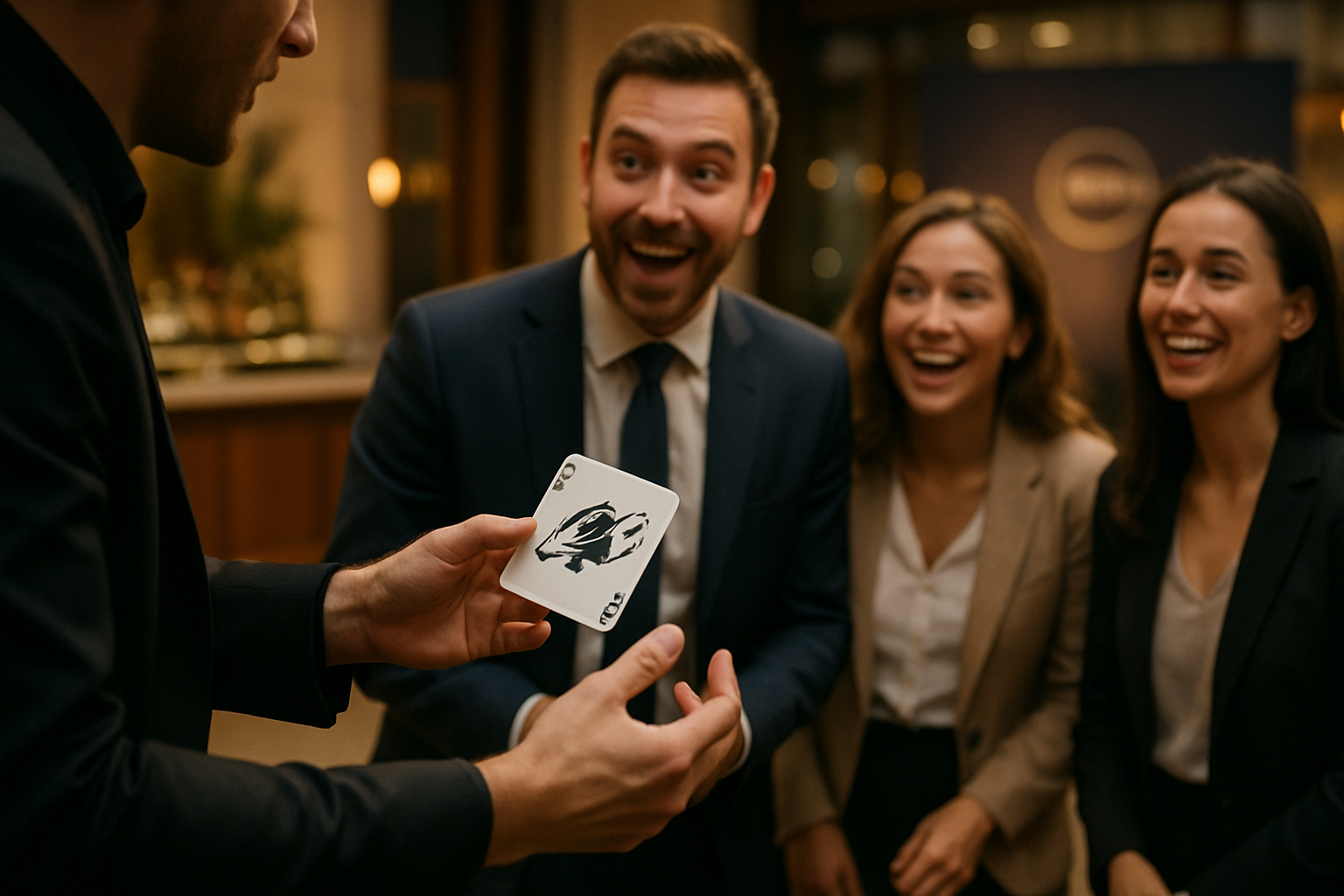 Close-up view of a professional magician performing sleight-of-hand with a signed playing card for a small group of corporate guests indoors, warm September evening ambiance, guests smiling and reacting with surprise, elegant bar and branded event signage softly blurred in the background