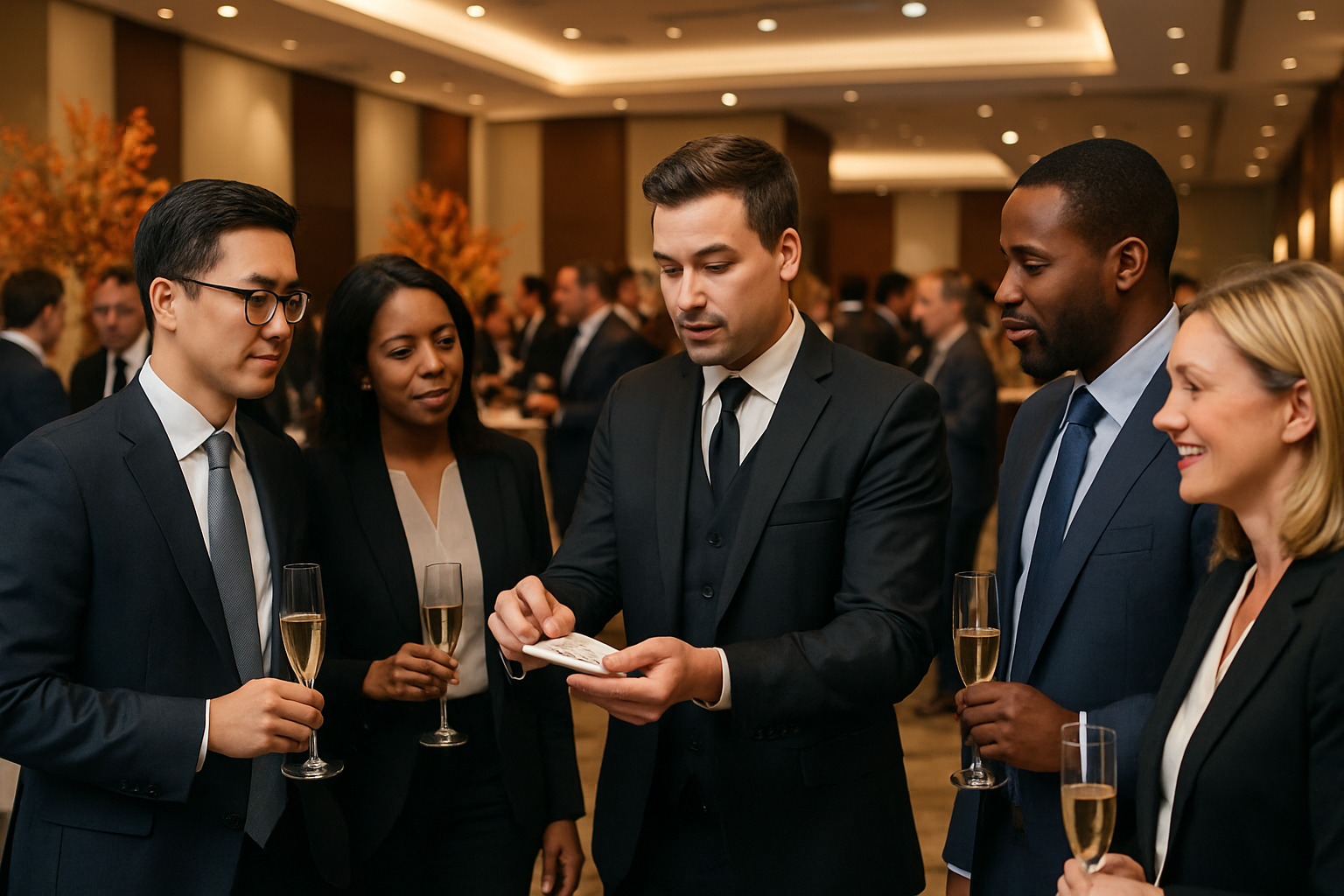 Elegant international corporate reception in a modern hotel ballroom during September, diverse business guests gathered around a close-up magician, subtle autumn decor with amber lighting, champagne glasses, networking atmosphere, professional and upscale event setting