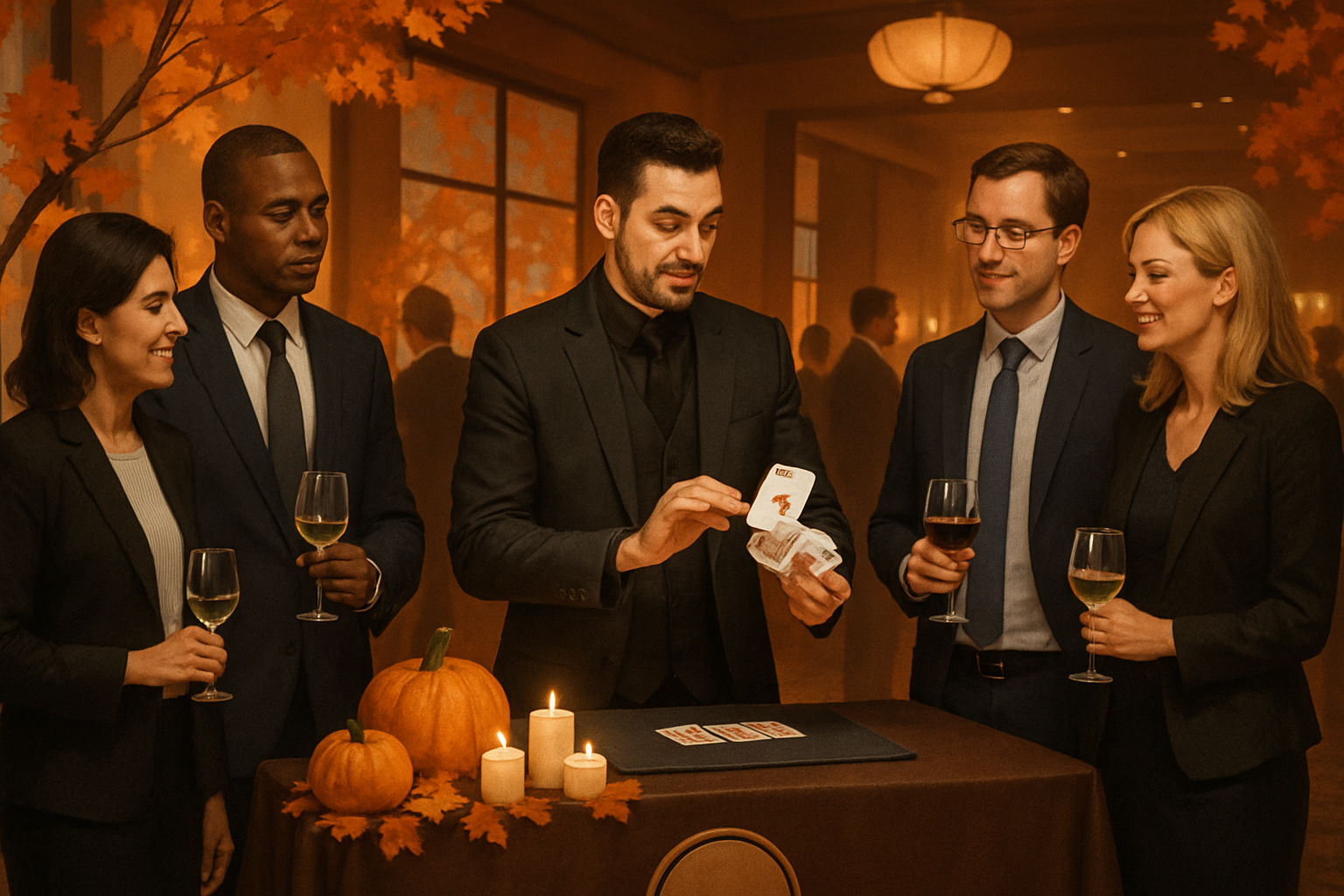 A sophisticated October corporate cocktail event inside a warmly lit venue, with autumn leaves, pumpkins, candles, guests in business attire watching a close-up magician perform card magic at a branded reception table