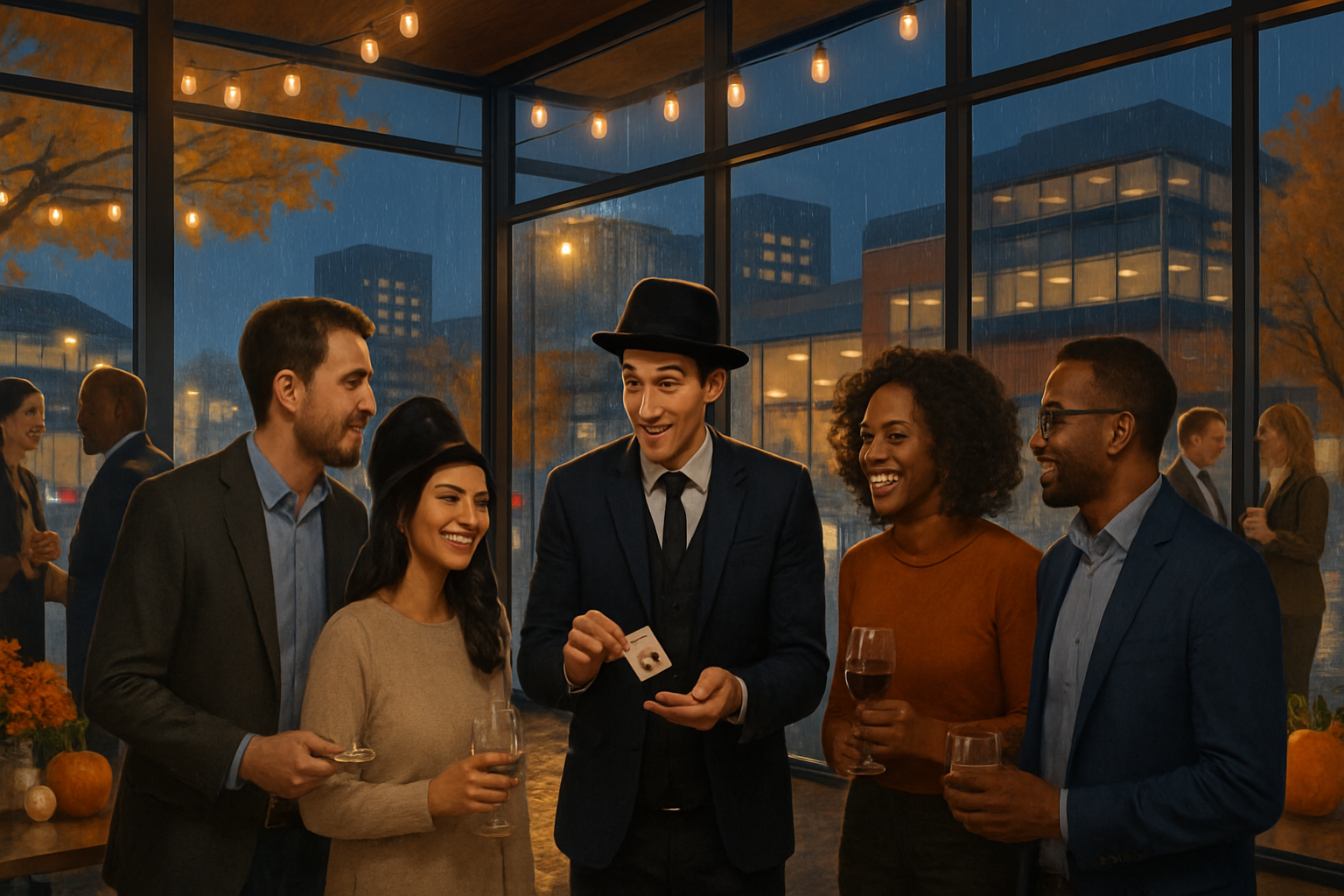 A cozy fall networking event in a glass-walled event space on a rainy October evening, guests gathered in small groups as a magician performs close-up magic, with city lights, wet streets, autumn décor, and branded signage in the background