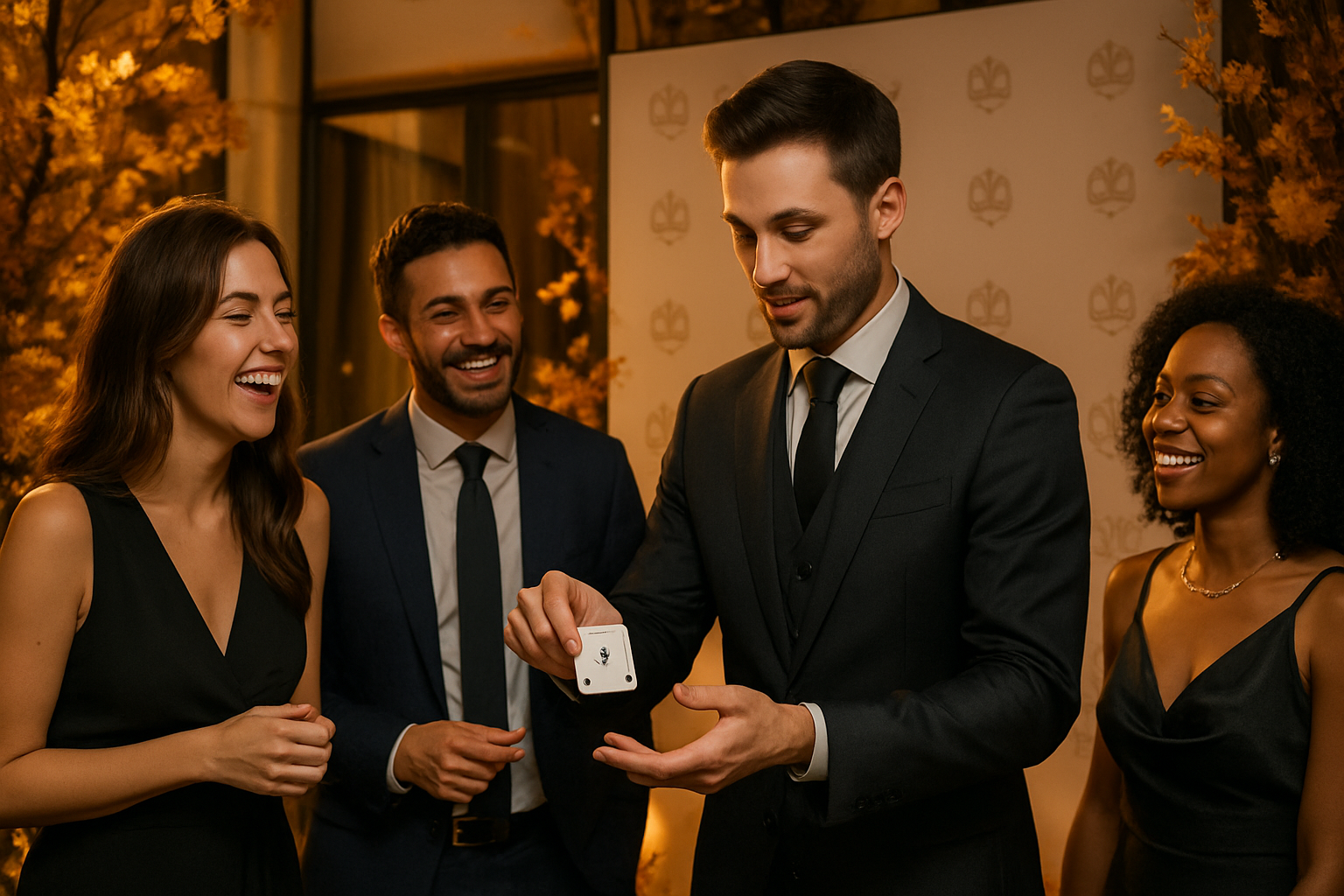 A professional magician in a tailored dark suit performing elegant close-up magic for smiling guests at a luxury fall brand event, with golden autumn lighting, branded step-and-repeat backdrop, floral arrangements, and an upscale evening atmosphere