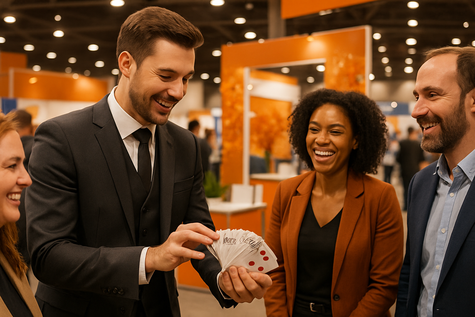 A professional close-up magician in a tailored dark suit performing card magic for smiling trade show attendees at a brightly lit autumn business expo booth, with branded displays, warm October colors, and a busy convention hall in the background