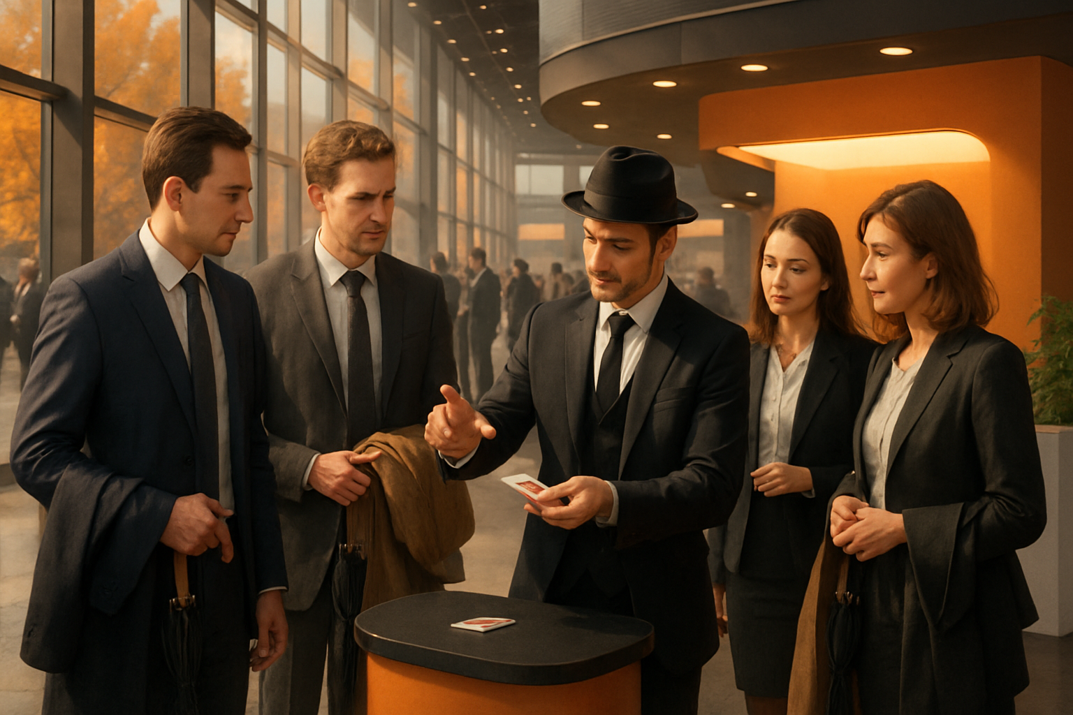 Trade show attendees in business attire carrying coats and umbrellas inside a modern convention center in October, gathered around a magician performing close-up sleight of hand near a branded booth with warm autumn lighting