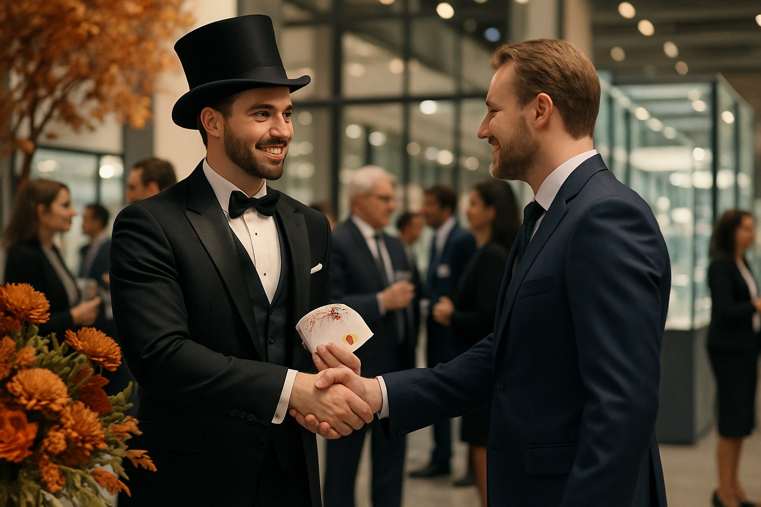 A confident corporate magician shaking hands with a business client after performing strolling magic at an elegant international trade show reception, with autumn floral decor, glass displays, and networking professionals in the background