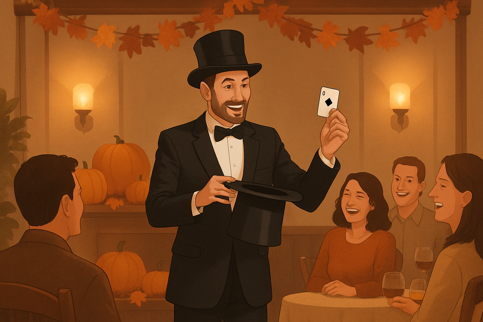 A professional magician performing stand up magic inside a warmly decorated October event room, with pumpkins, autumn leaves, soft amber lighting, seated guests smiling and reacting, and a cozy indoor celebration atmosphere