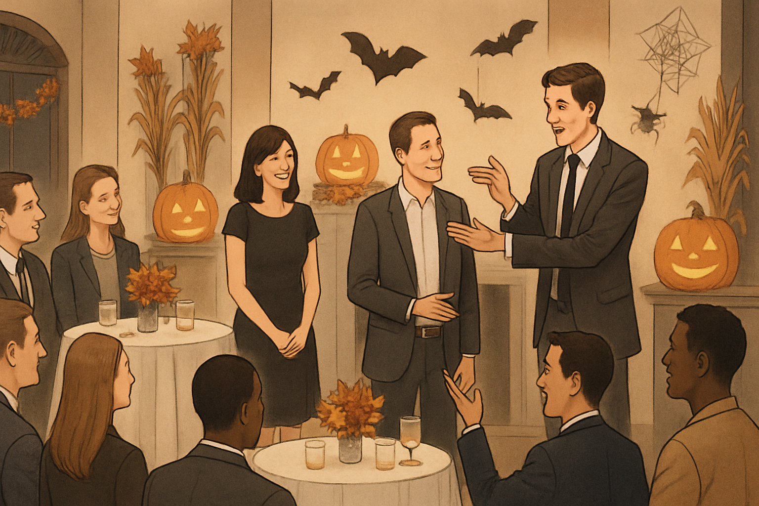 Guests at an indoor Halloween-themed corporate party watching a clean comedy magic performance, with elegant fall decorations, subtle spooky accents, cocktail tables, and a professional magician engaging volunteers