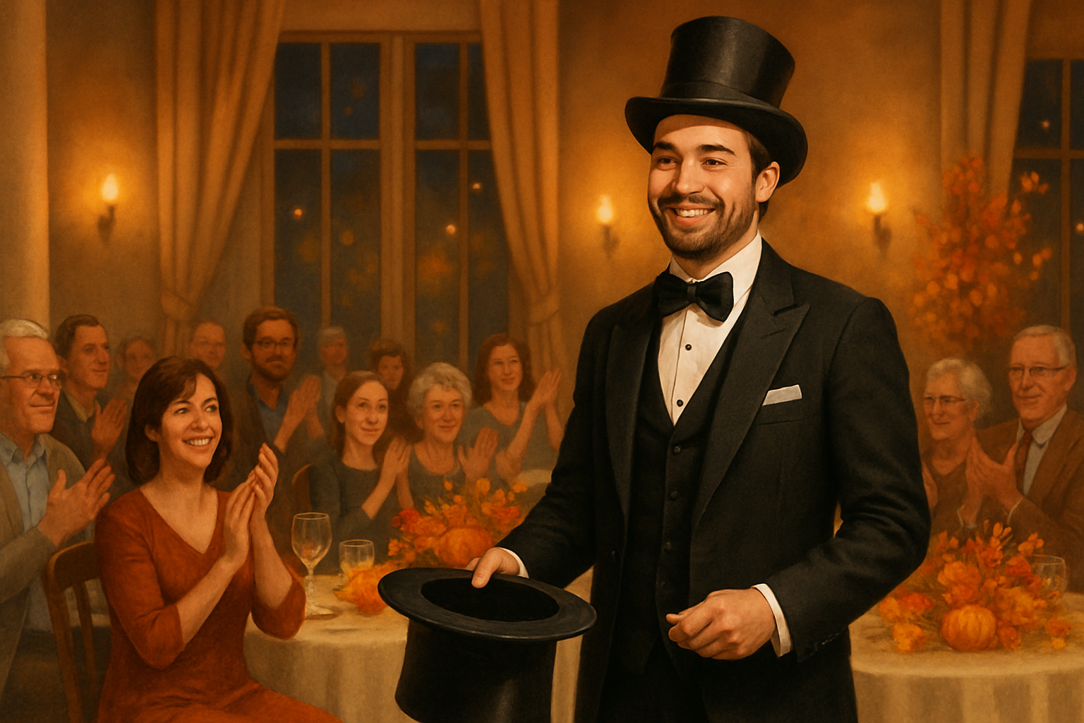 A smiling magician in formal performance attire standing in front of a mixed-age indoor audience during an autumn celebration, with guests applauding, warm stage lighting, fall centerpieces, and an elegant seasonal event setting