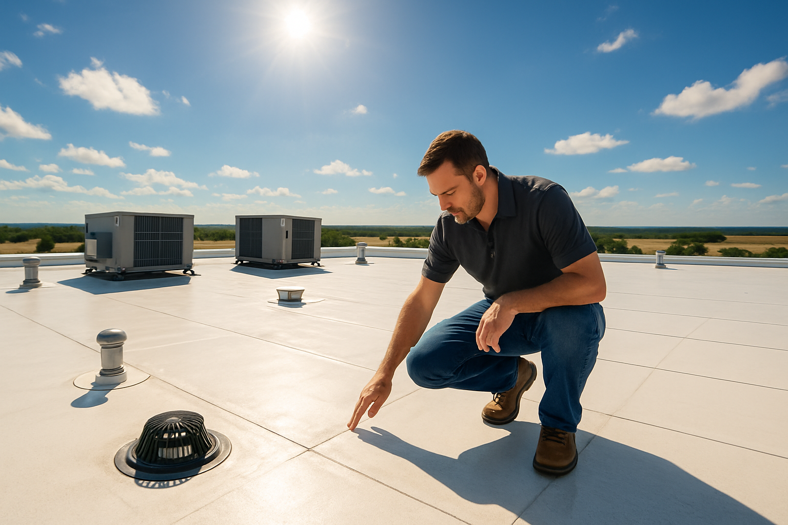 A commercial flat roof in Tolar, Texas during a bright August afternoon, with intense sunlight, wide open rural sky, HVAC units, roof drains, and a roofing professional inspecting the surface for cracks and seams