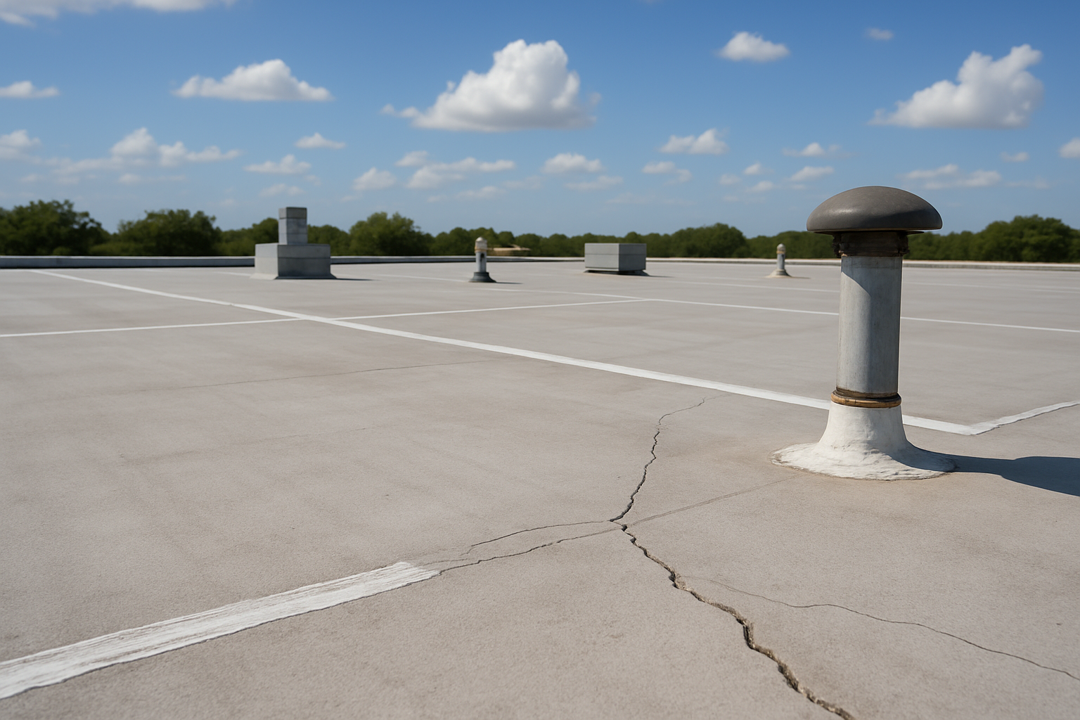 Close-up view of a flat roof surface before coating, showing cleaned seams, repaired cracks, roof penetrations, and a bright Texas sky in the background