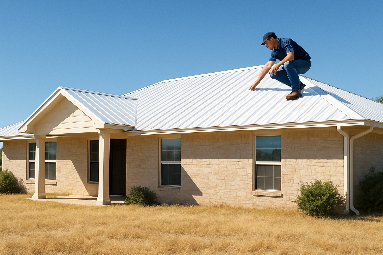 A bright August afternoon in Tolar Texas showing a single-story home with a light-colored coated roof reflecting strong sunlight, dry summer grass, clear blue sky, and a roofing contractor inspecting the roof surface