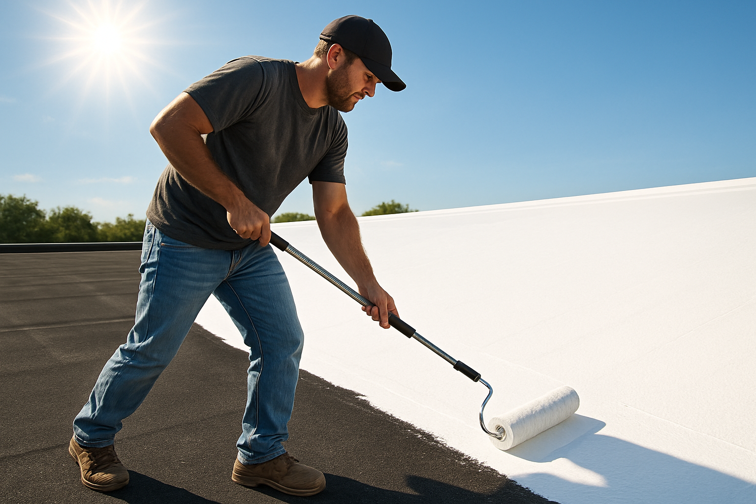 Close-up view of a roofing professional applying a smooth white reflective roof coating with a roller on a low-slope roof under the Texas sun, with visible contrast between dark uncoated roof and bright coated surface