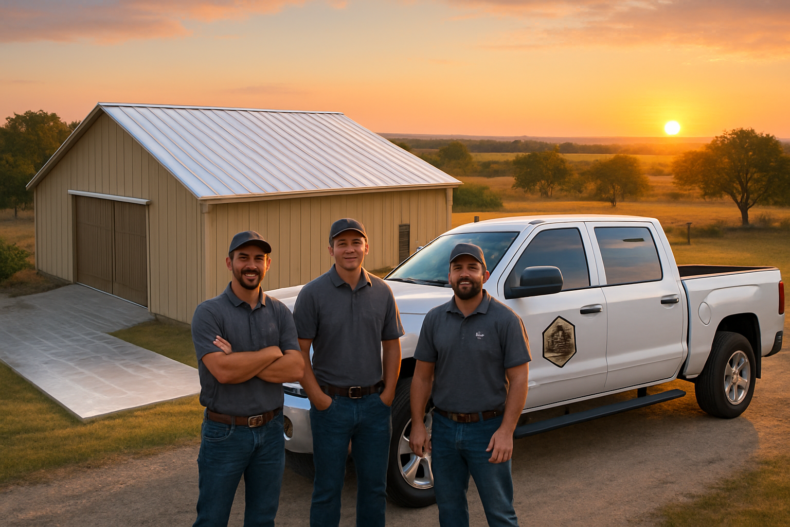 Friendly Rock Solid Restorations LLC roofing crew standing beside a work truck in front of a Tolar Texas property at sunset, with a freshly coated reflective roof in the background and warm rural landscape