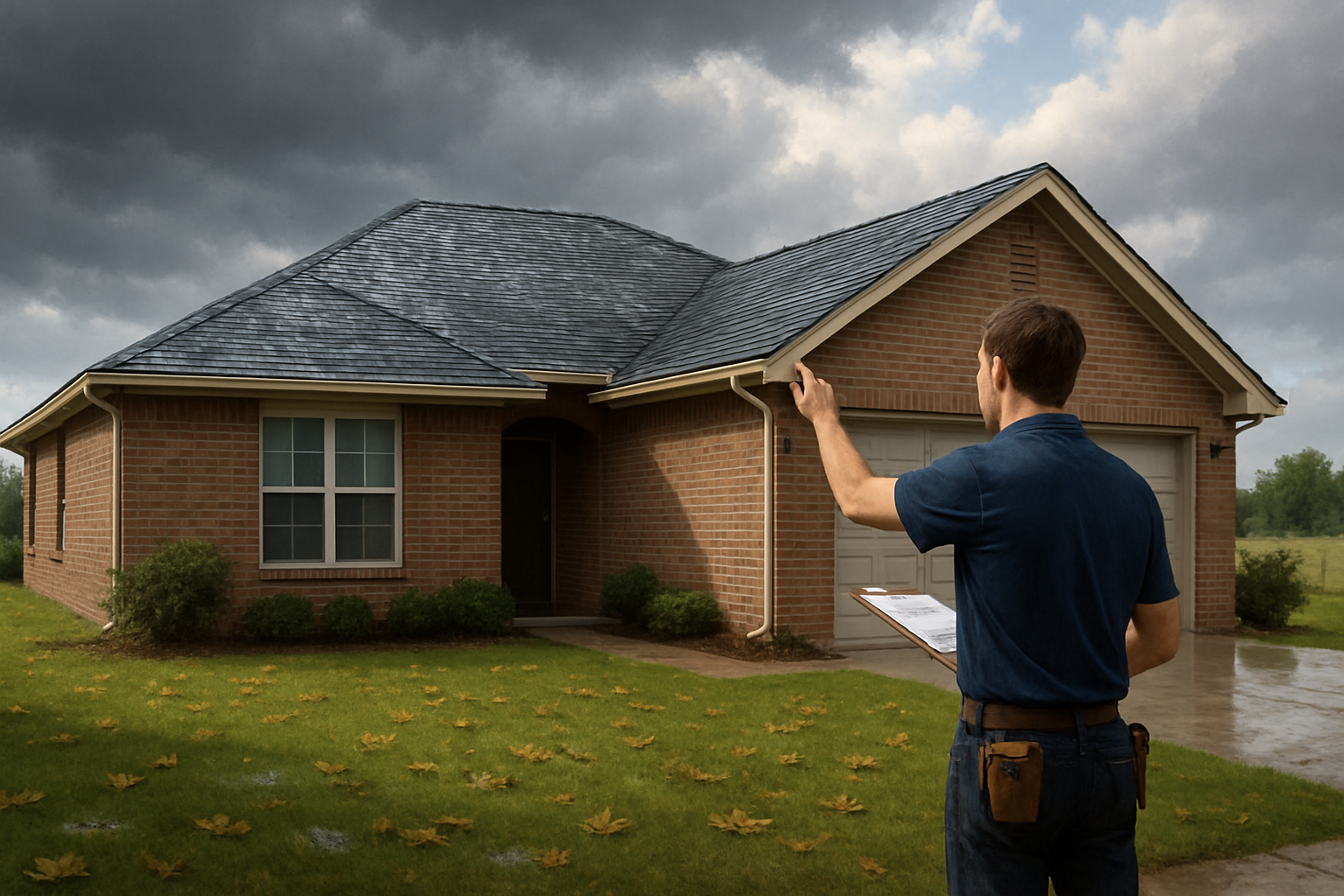 A single-story brick home in rural Tolar, Texas after a September thunderstorm, with dark storm clouds clearing, wet shingles, scattered leaves on the lawn, and a contractor inspecting the roofline from the ground
