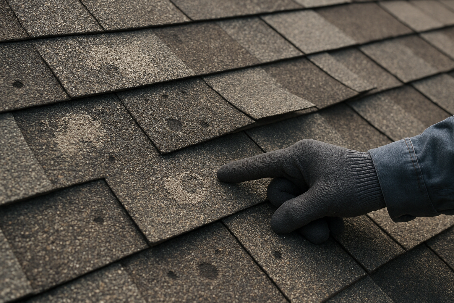 Close-up photographic view of asphalt roof shingles on a Tolar, TX home showing missing granules, small hail impact marks, and a few lifted shingle edges with a gloved hand pointing to the damage