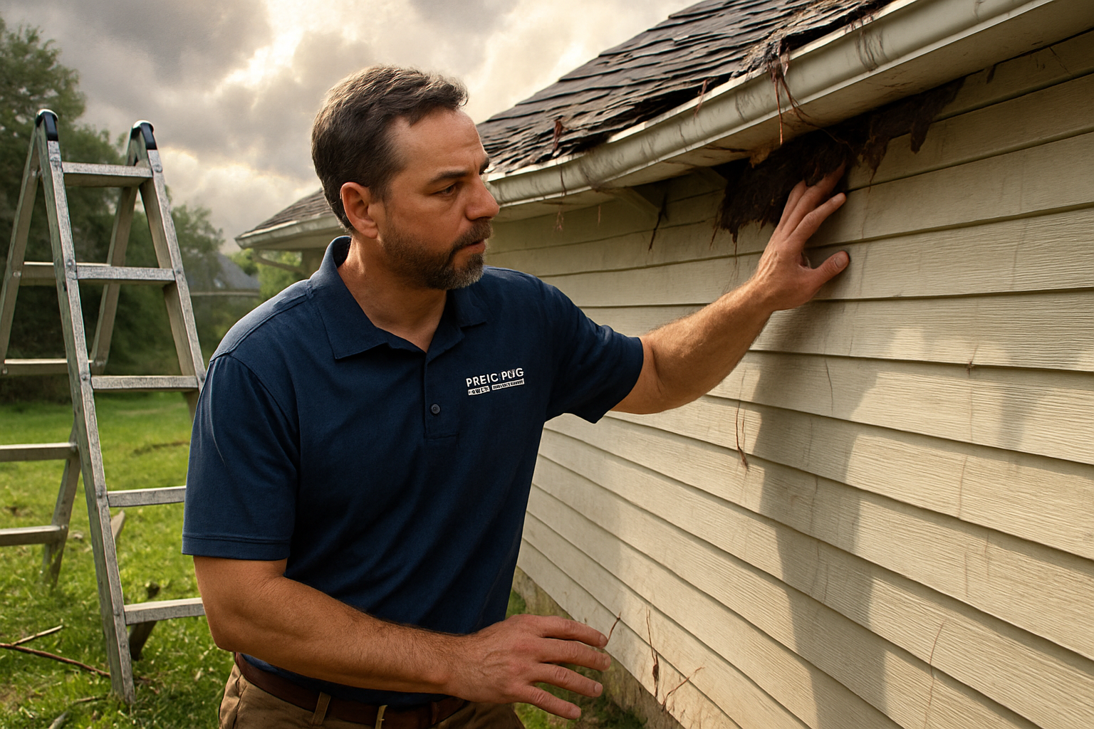 A Rock Solid Restorations LLC contractor in work shirt inspecting storm-damaged gutters and siding on a Texas home, with a ladder nearby, wet grass, broken twigs, and late-summer sunlight breaking through clouds