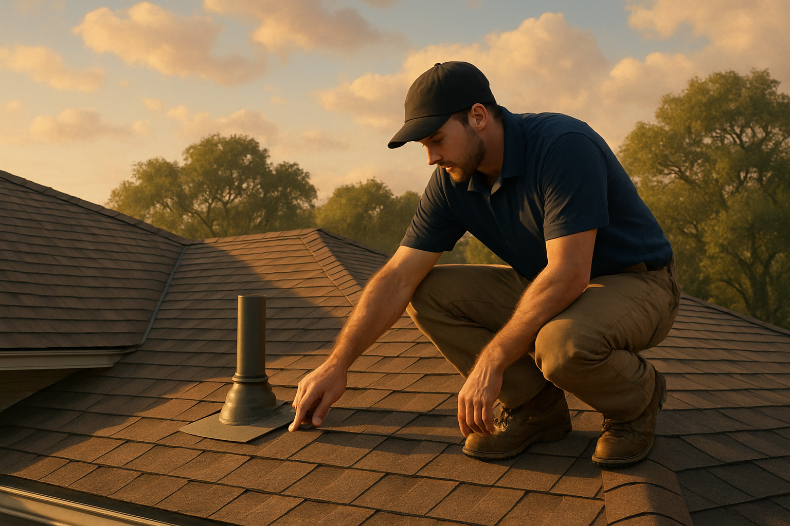 A residential roof in Tolar Texas during early September, with warm golden evening light, scattered clouds, live oak trees in the background, and a roofing professional inspecting shingles near a vent pipe