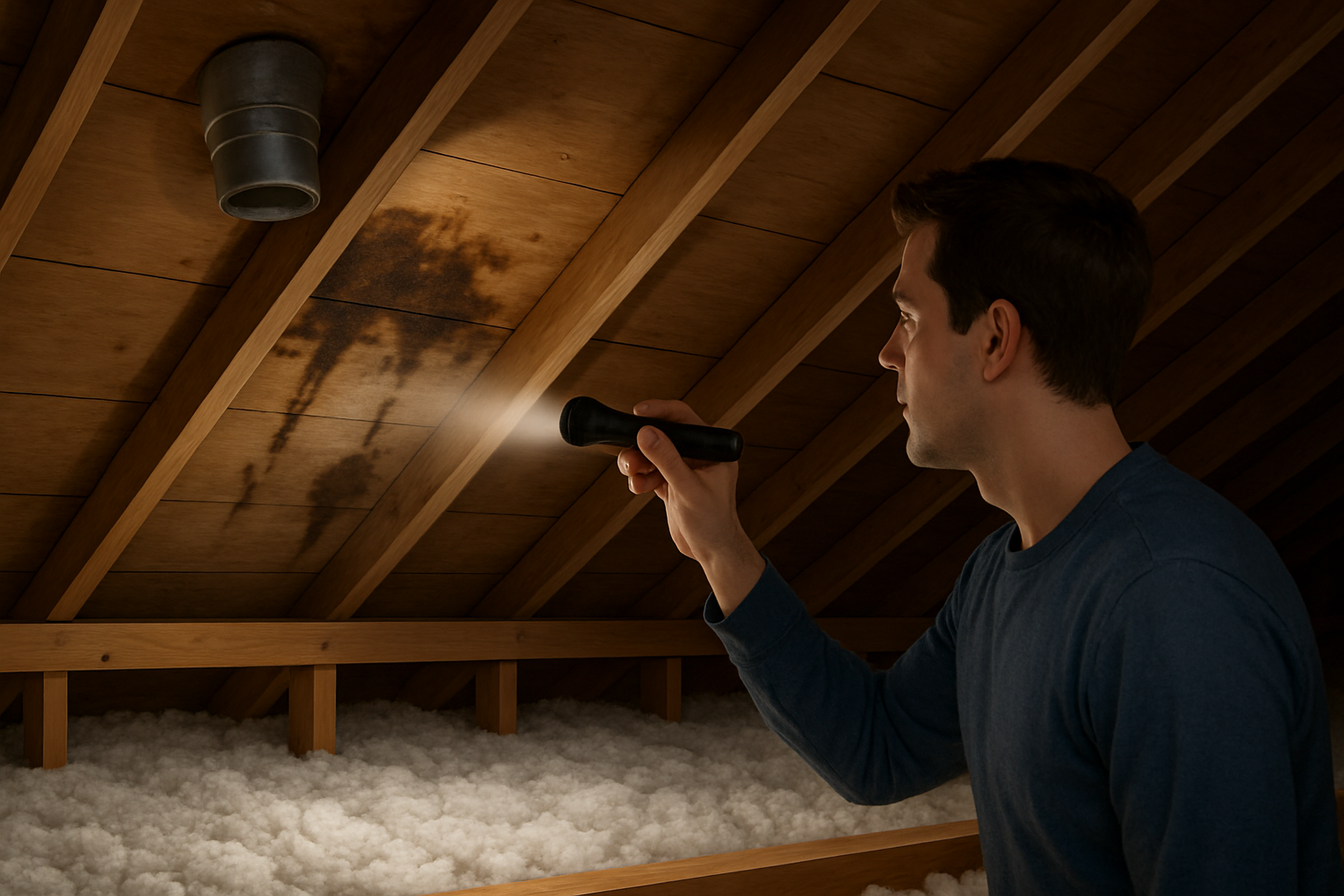 Inside a clean residential attic with a flashlight beam highlighting dark water stains on roof decking near a vent penetration, with blown-in insulation and wooden rafters visible
