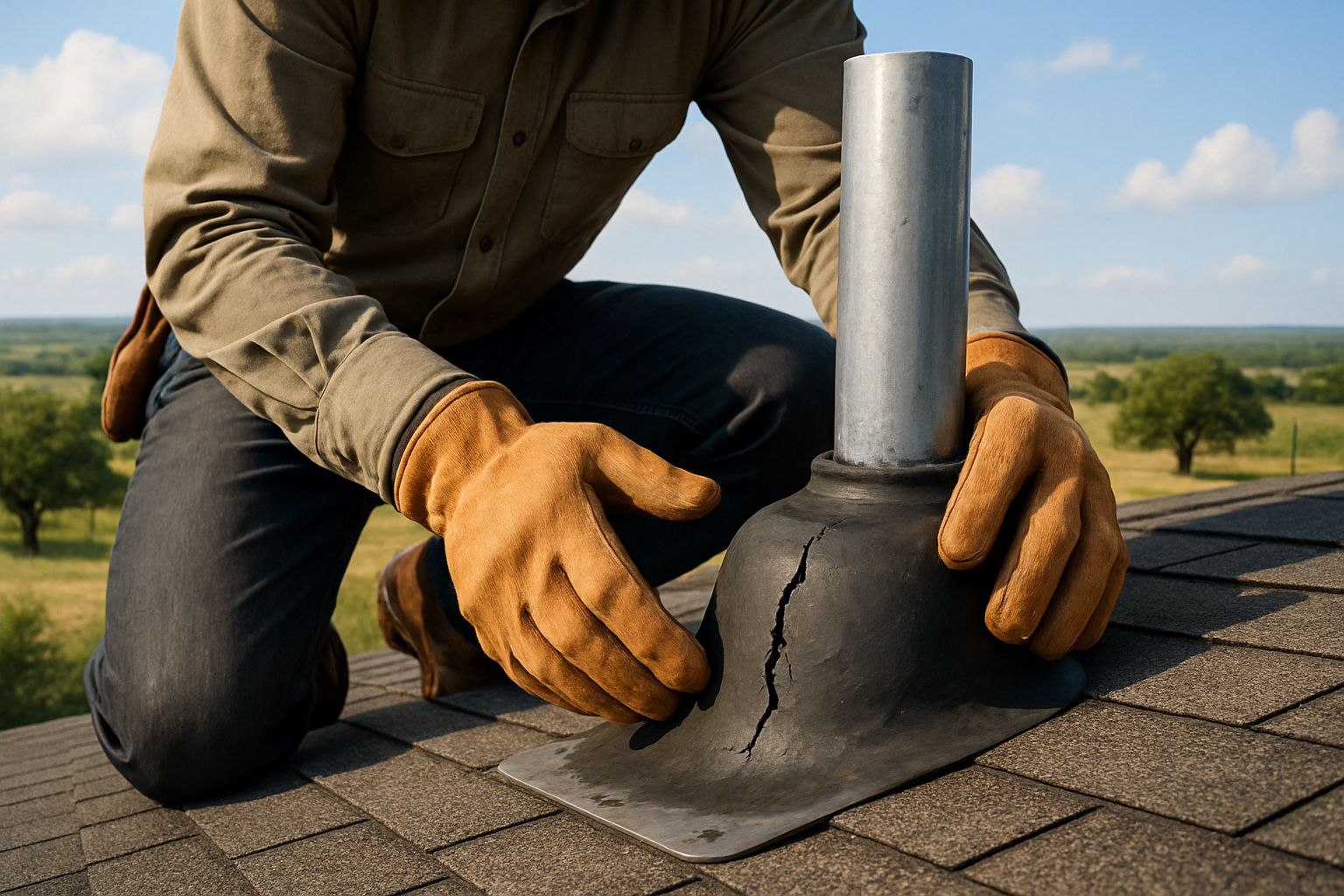 A close-up view of a roofing professional in work gloves inspecting cracked rubber pipe boot flashing on an asphalt shingle roof, with Texas countryside and blue sky in the background