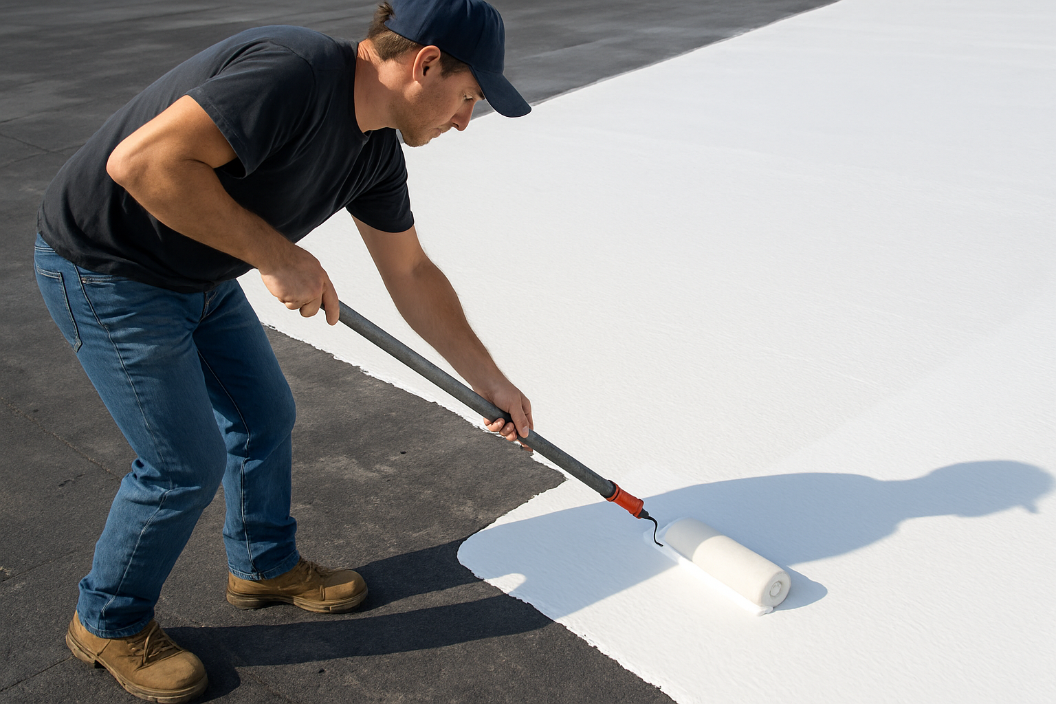 Close-up view of a roofing professional applying a smooth white silicone coating to a flat roof with a roller, showing the contrast between the older dark roof surface and the newly coated reflective membrane