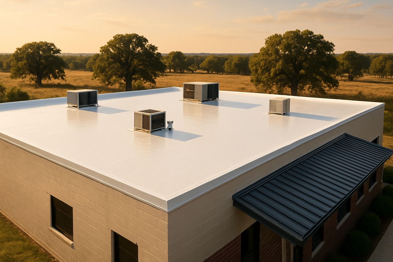 A finished white silicone-coated roof on a small commercial building in rural North Texas, reflecting the afternoon sun with HVAC units, clean edges, and distant oak trees under a warm September sky