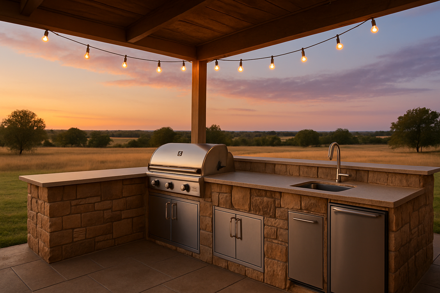 A warm September evening outdoor kitchen in Tolar Texas with a built-in stone grill island, stainless steel appliances, string lights glowing under a covered patio, clean countertops, and open countryside in the background