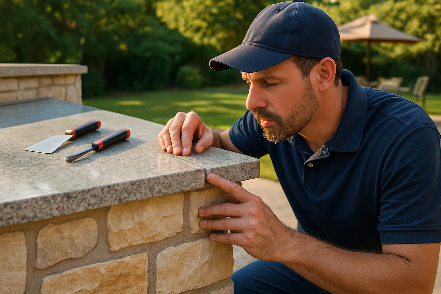 Close-up of a professional inspecting an outdoor kitchen stone veneer and countertop seam, with visible Texas limestone, clean tools, and late summer sunlight across a backyard patio