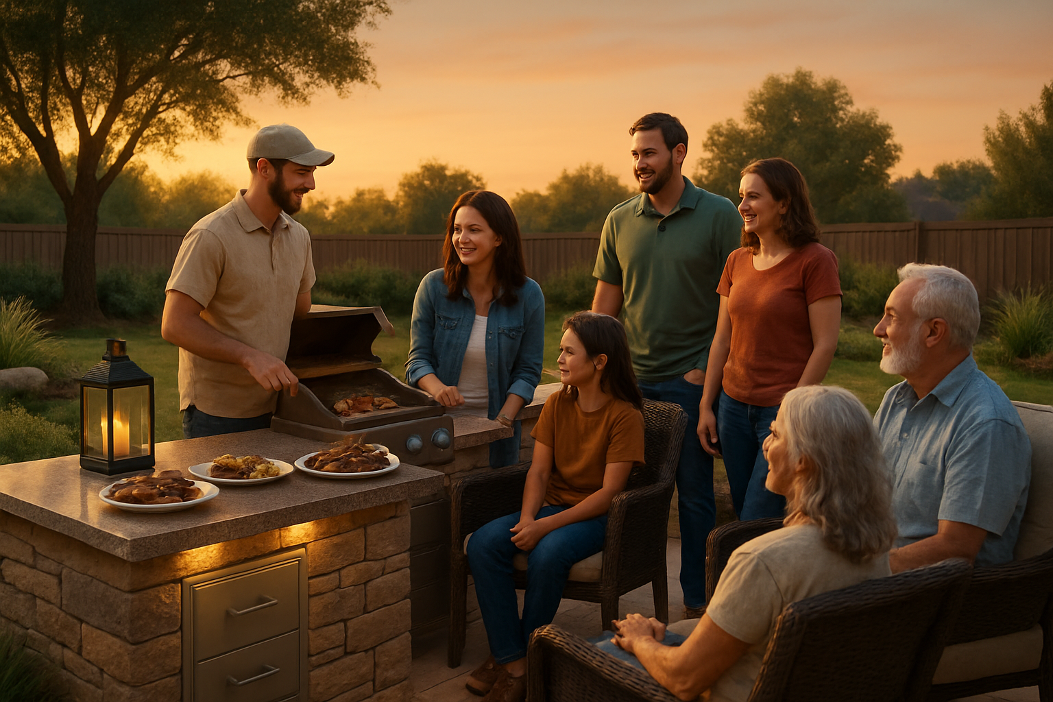 A family and friends gathered around a restored outdoor kitchen in a Tolar Texas backyard at sunset, plates of grilled food on a polished stone counter, comfortable patio seating, warm lighting, and late summer landscaping