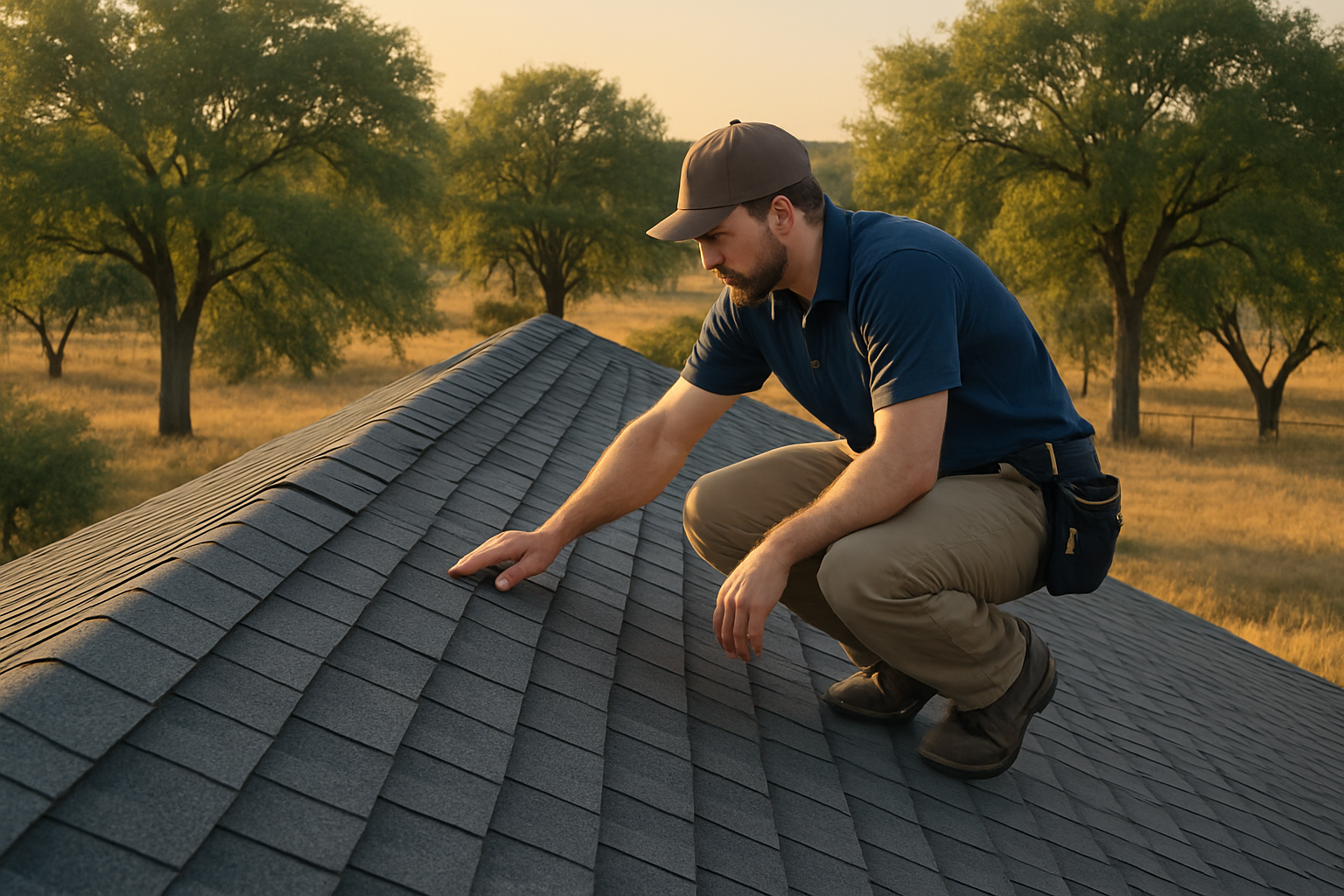 A residential asphalt shingle roof in Tolar, Texas during early September, with golden late-summer sunlight, scattered live oak trees, dry grass, and a contractor safely inspecting shingles near a roof ridge