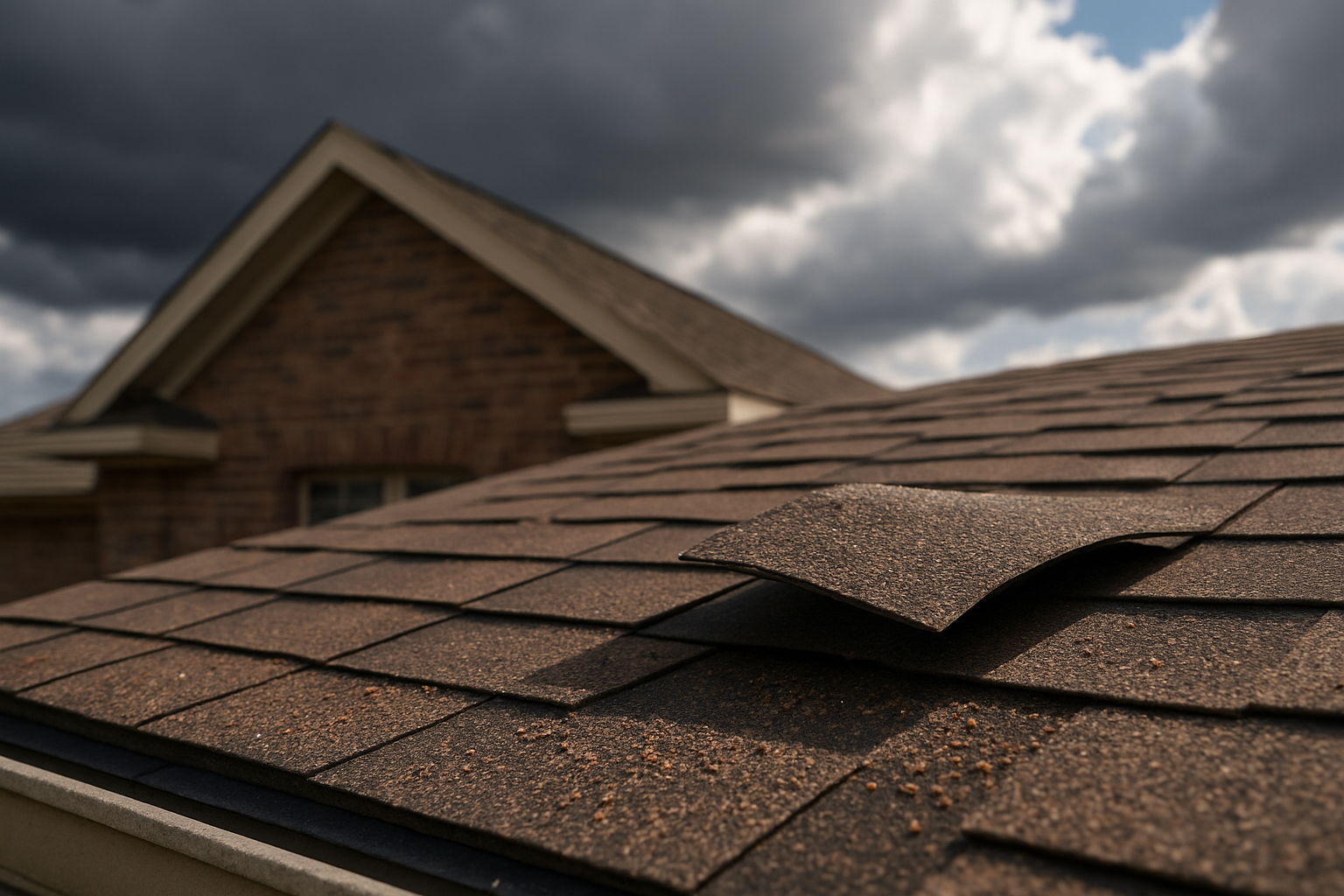 A close-up view of wind-lifted asphalt shingles and scattered granule loss on a Texas residential roof after a September thunderstorm, with dark storm clouds clearing in the background