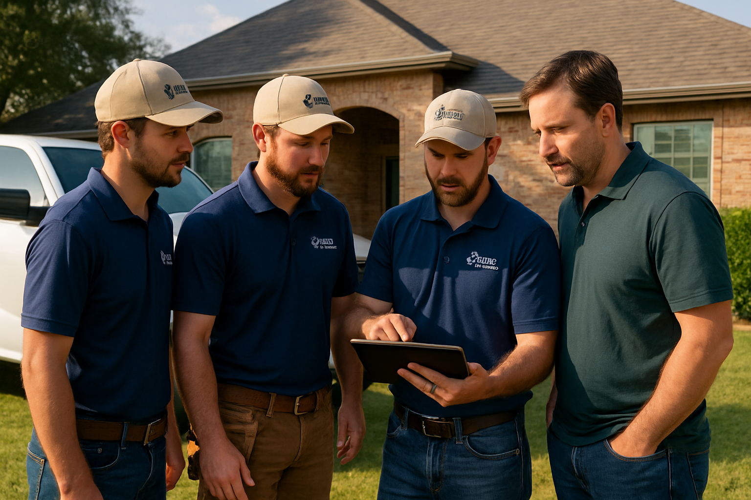 A Rock Solid Restorations LLC roofing crew meeting with a homeowner in front of a brick house in Tolar, Texas, reviewing roof inspection photos on a tablet beside a clean work truck on a sunny September afternoon