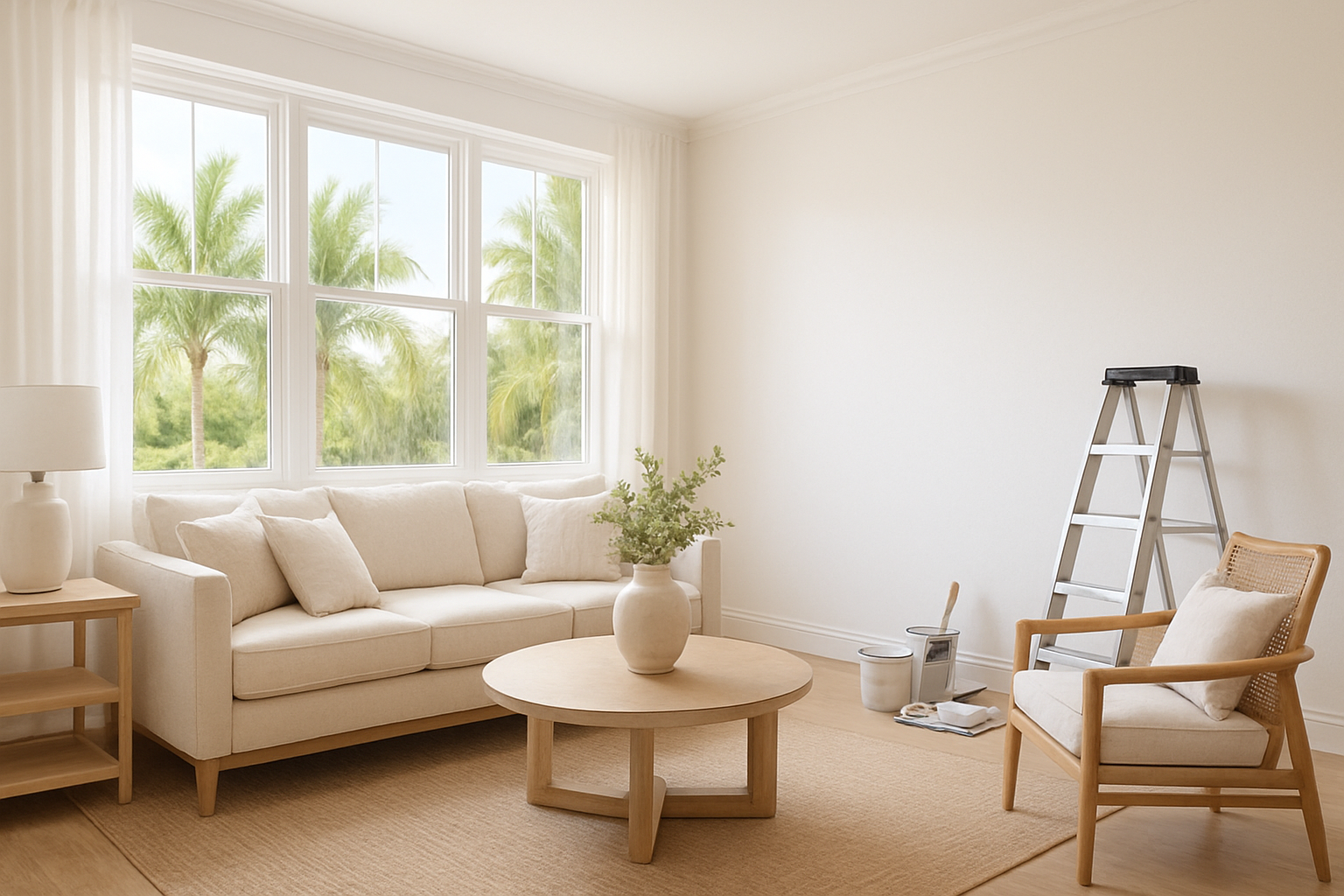 Bright North Boca Raton living room with freshly painted soft white walls, light coastal furniture, large windows showing lush palm trees outside, natural summer sunlight, clean airy interior design, professional painter tools neatly arranged in the corner