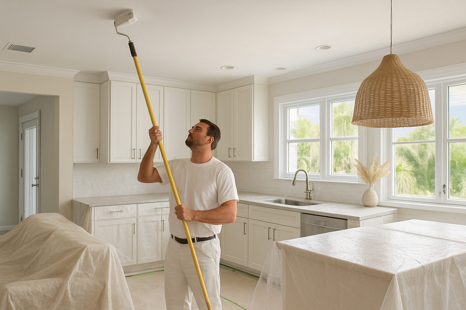 Professional interior painter in a North Boca Raton home carefully painting a smooth white ceiling in a bright kitchen, covered floors and furniture, clean prep work, modern coastal decor, summer daylight coming through windows