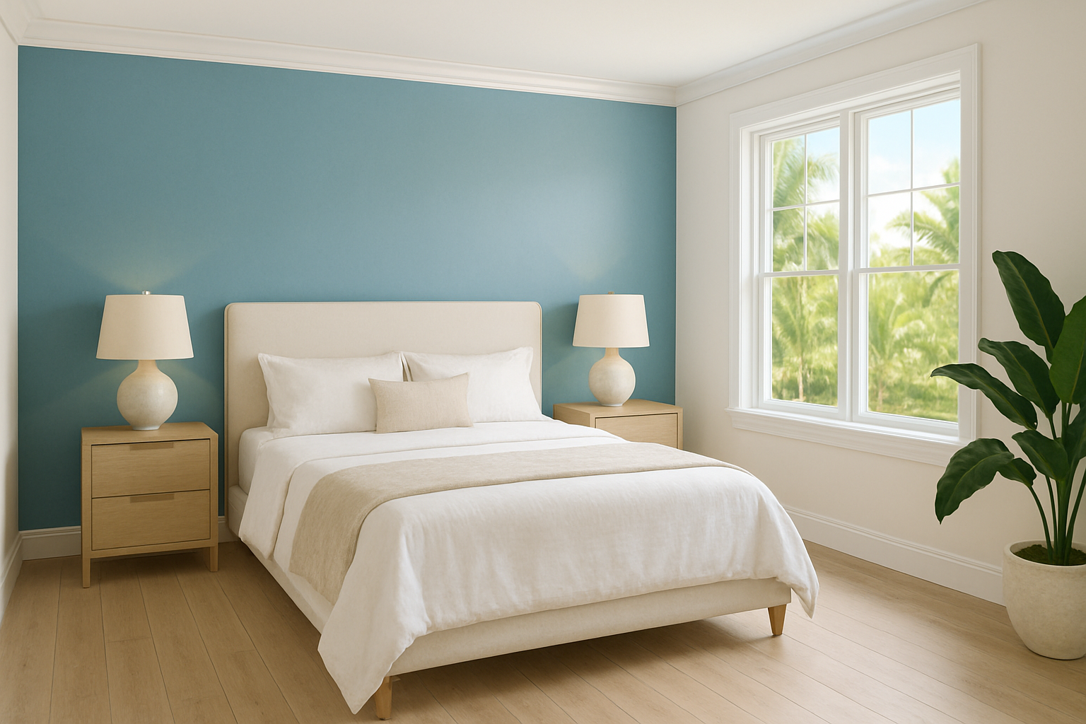 Elegant North Boca Raton bedroom with a soft coastal blue accent wall behind a white upholstered bed, fresh white trim, tropical greenery outside the window, calm bright summer atmosphere, clean modern interior painting result