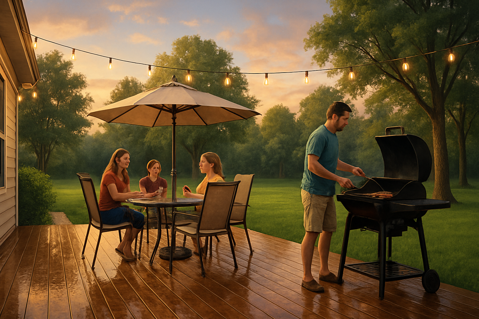 A sunny July backyard gathering in Alger, Michigan with a clean wooden deck, patio table, grill, string lights, green lawn, mature trees, and a warm evening sky after a summer rainstorm
