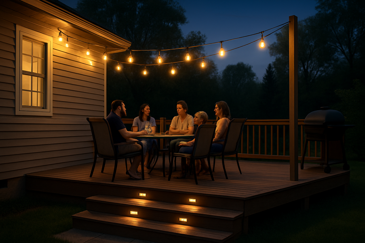 Evening backyard deck in Alger, Michigan with warm string lights, safe stair lighting, patio chairs, a grill placed away from the house, and a family-friendly summer gathering atmosphere