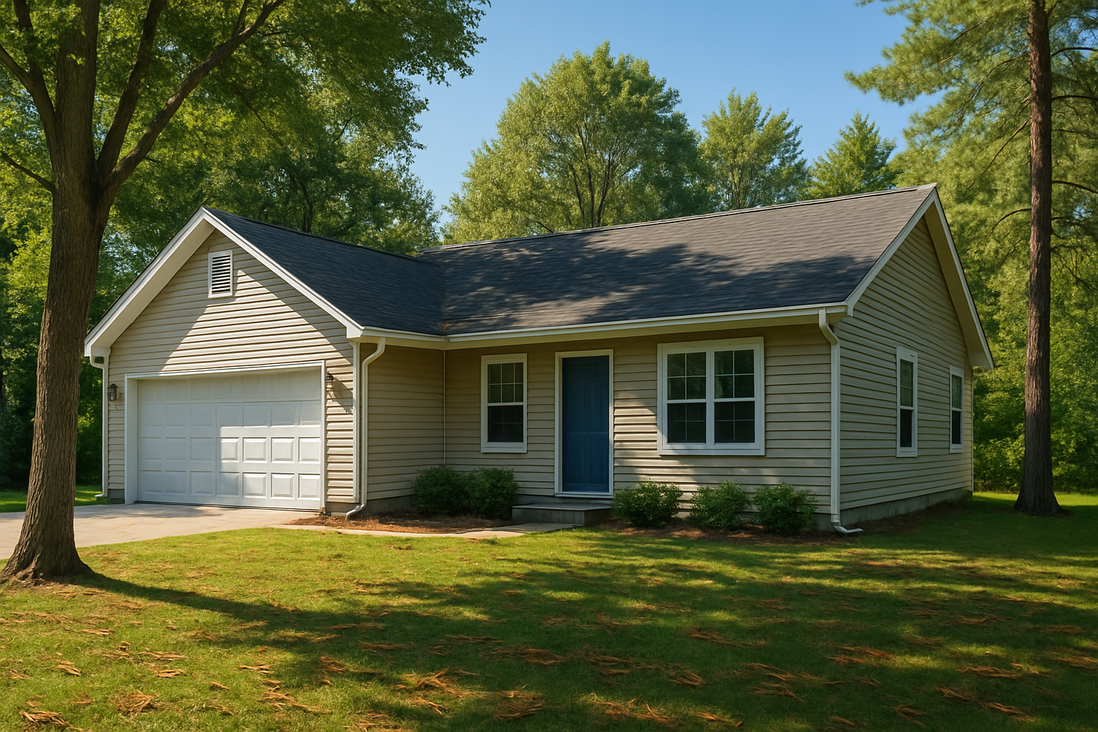 A clean residential home in Alger, Michigan on a sunny August afternoon, with tall green trees nearby, visible gutters along the roofline, and scattered pine needles and leaves on the lawn after a summer storm