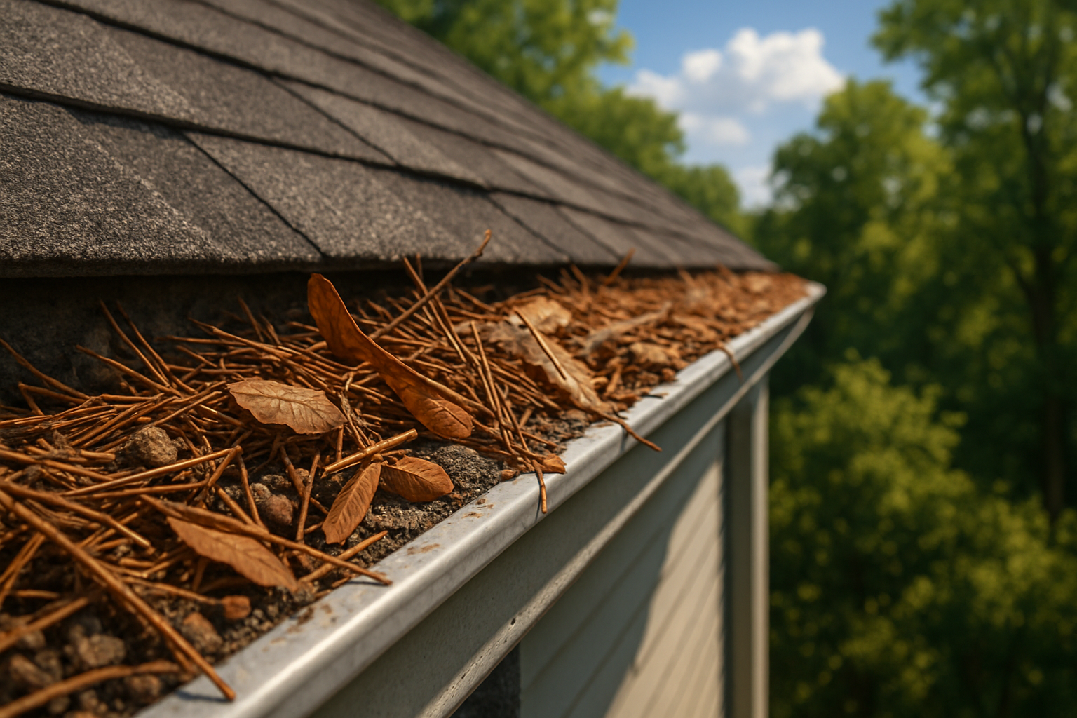 Close-up photograph of a clogged aluminum gutter filled with pine needles, small twigs, leaves, seed pods, and roof granules, with a Michigan summer sky and leafy trees in the background