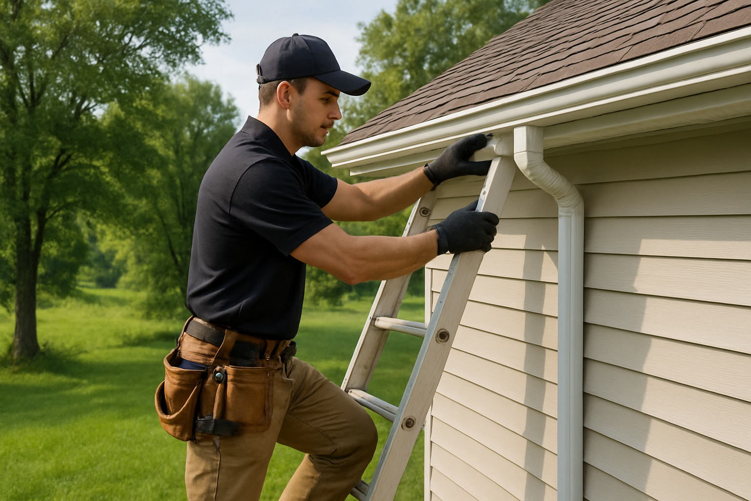 Professional roofing and gutter contractor in work gear safely inspecting a home's gutter and downspout with a ladder, surrounded by green summer grass and trees in a rural Alger, Michigan neighborhood