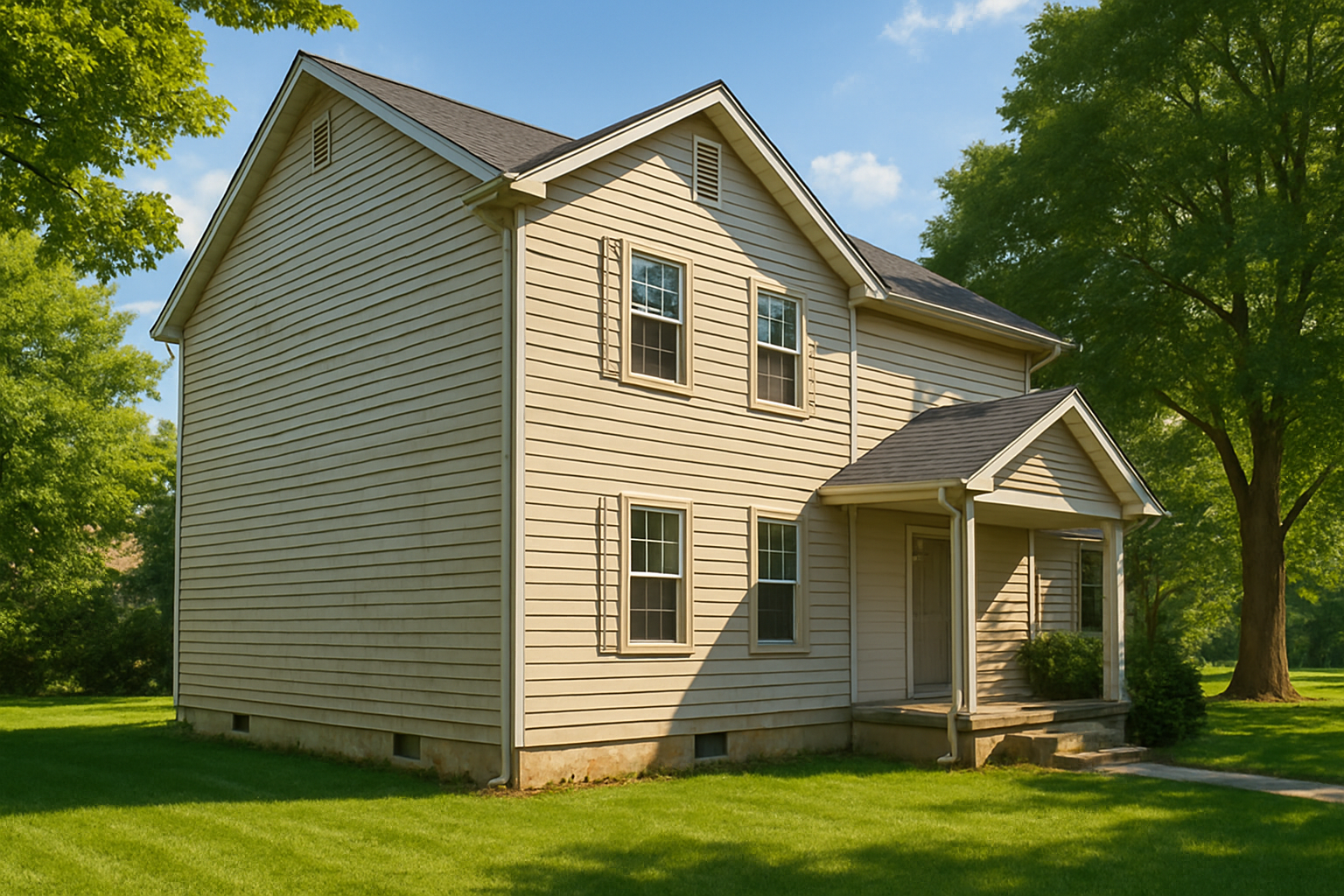 A residential home in Alger, Michigan on a sunny August afternoon, showing vinyl siding exposed to bright sunlight, green lawn, mature trees, and subtle signs of weathering near the lower siding panels