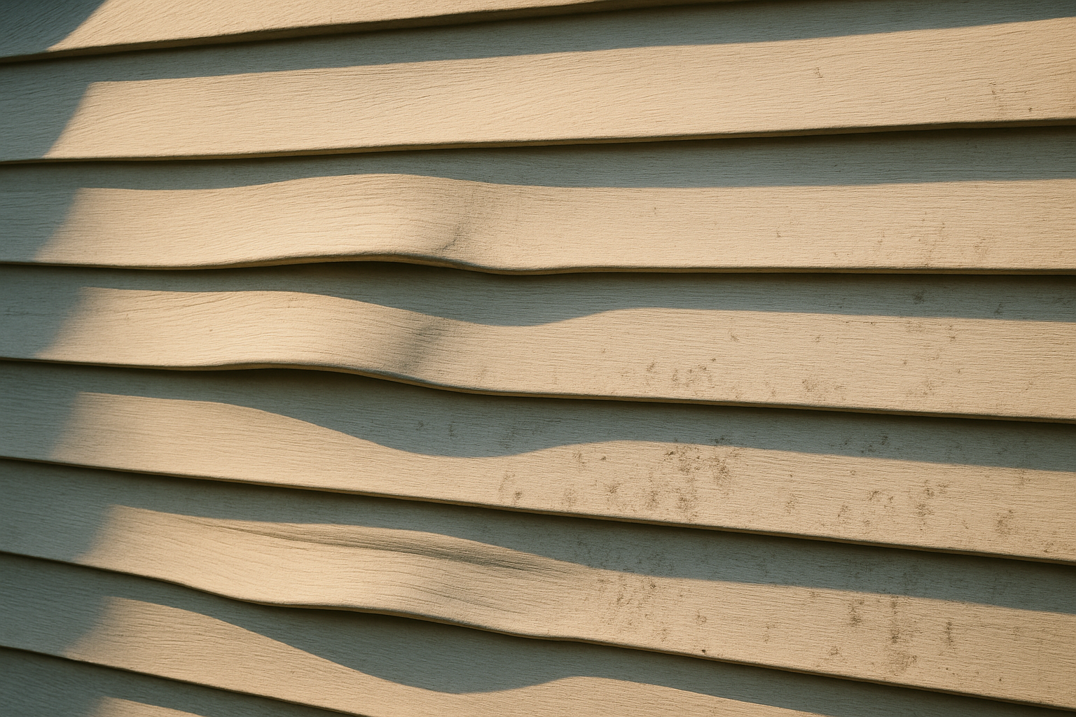 Close-up photograph of faded and slightly warped vinyl siding on a Michigan home, with sunlight casting shadows across the panels and small moisture stains near the seams