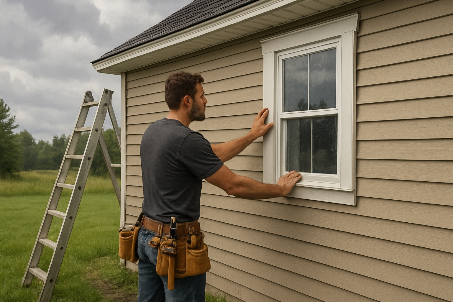 A Best Value Roofing and Construction contractor inspecting siding and window trim on a rural Alger, Michigan home after a summer rainstorm, with tool belt, ladder, damp grass, and cloudy August sky