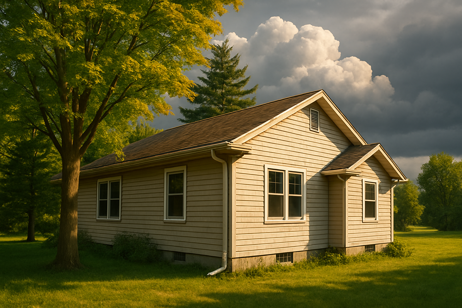 A late-summer exterior view of a northern Michigan home in Alger, MI with mature maple and pine trees, warm August sunlight, visible older gutters along the roofline, and storm clouds building in the distance over a green lawn
