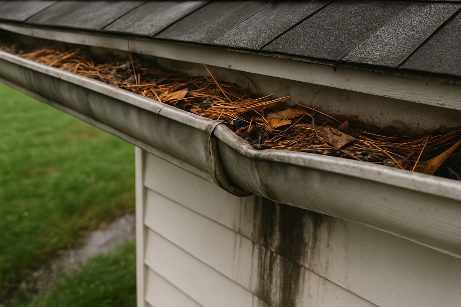 Close-up photo of damaged old aluminum gutters on a Michigan home, with sagging sections, dark water stains on white fascia boards, leaves and pine needles clogging the trough, and wet grass below after an August rainstorm