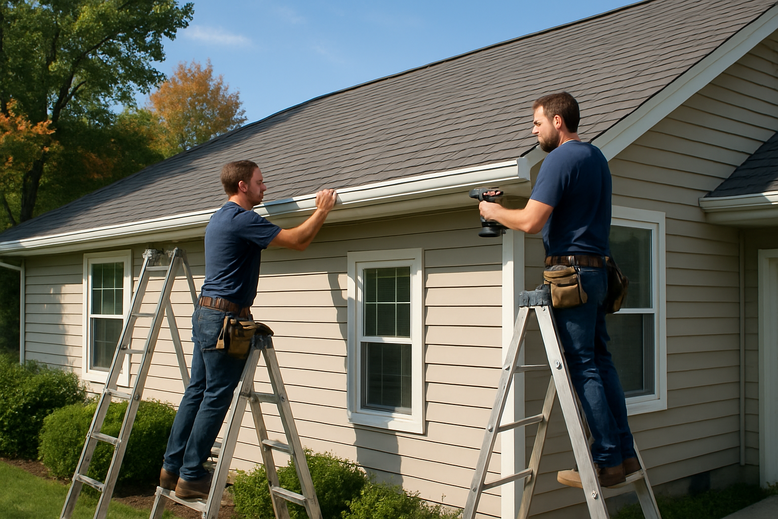 Professional roofing and gutter crew from Best Value Roofing & Construction installing new seamless gutters on a well-kept home in Alger, Michigan, with ladders, clean jobsite, blue August sky, and trees beginning to show the first hints of fall color