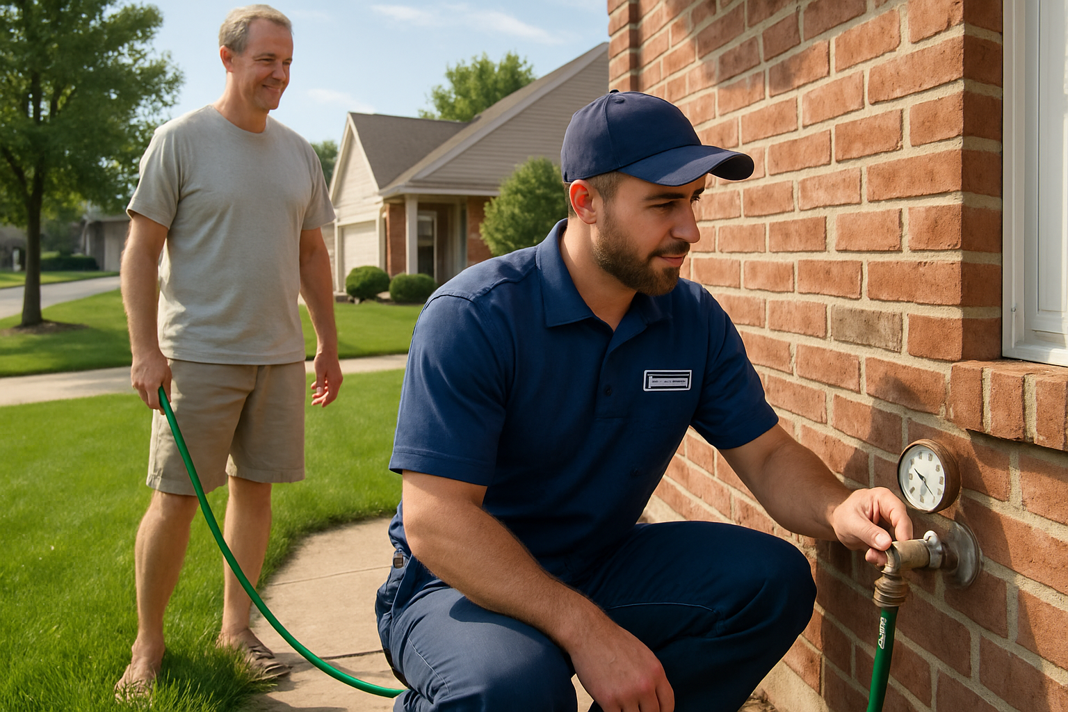 A bright August afternoon outside a Greenwood, Indiana suburban home, with a homeowner holding a garden hose near a green lawn while a professional plumber in a branded work shirt checks an outdoor spigot and pressure gauge, realistic residential neighborhood setting