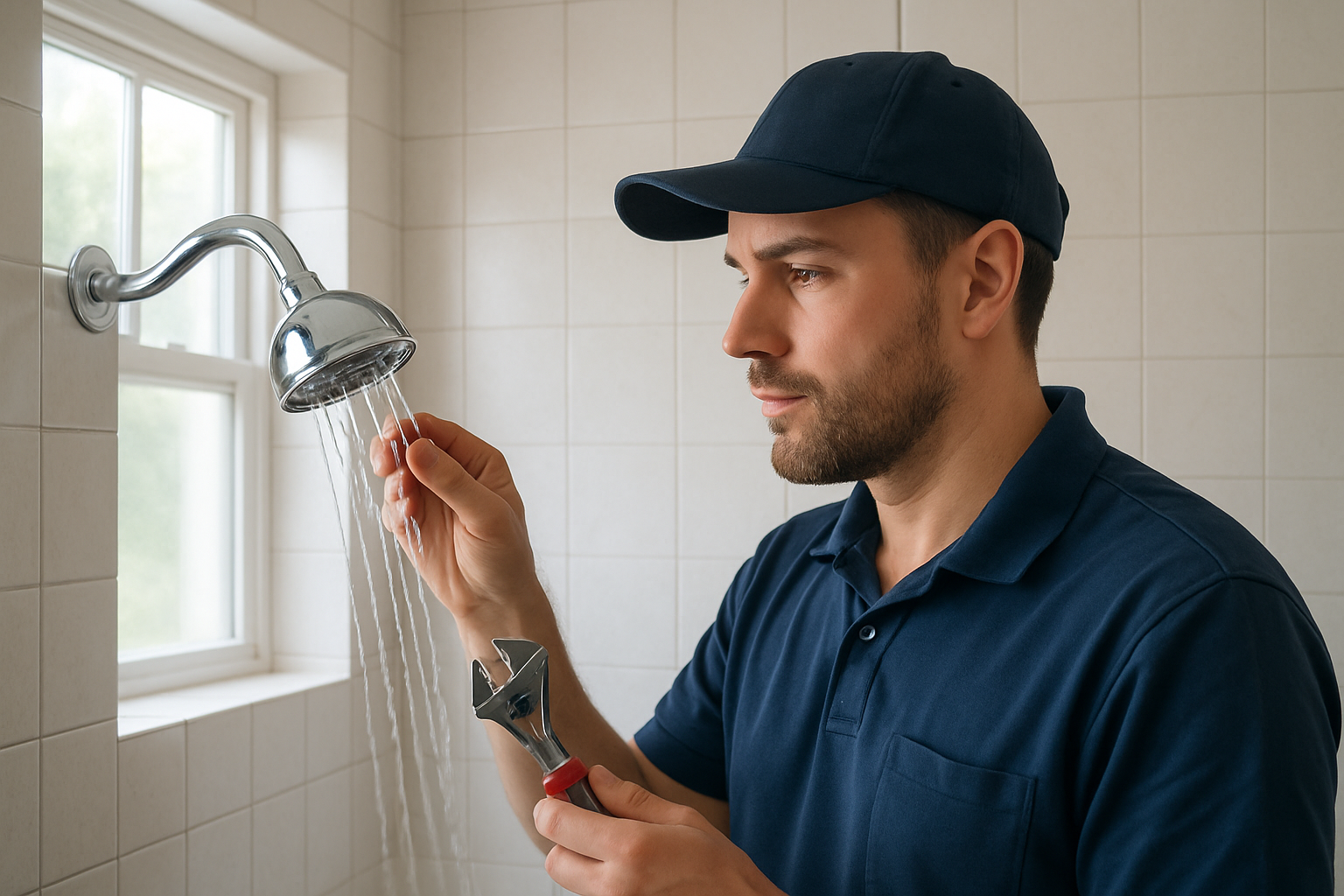 Interior bathroom scene in a Greenwood home showing a chrome showerhead with weak water flow, soft natural light through a window, clean tile shower, and a plumber inspecting the fixture with a small hand tool